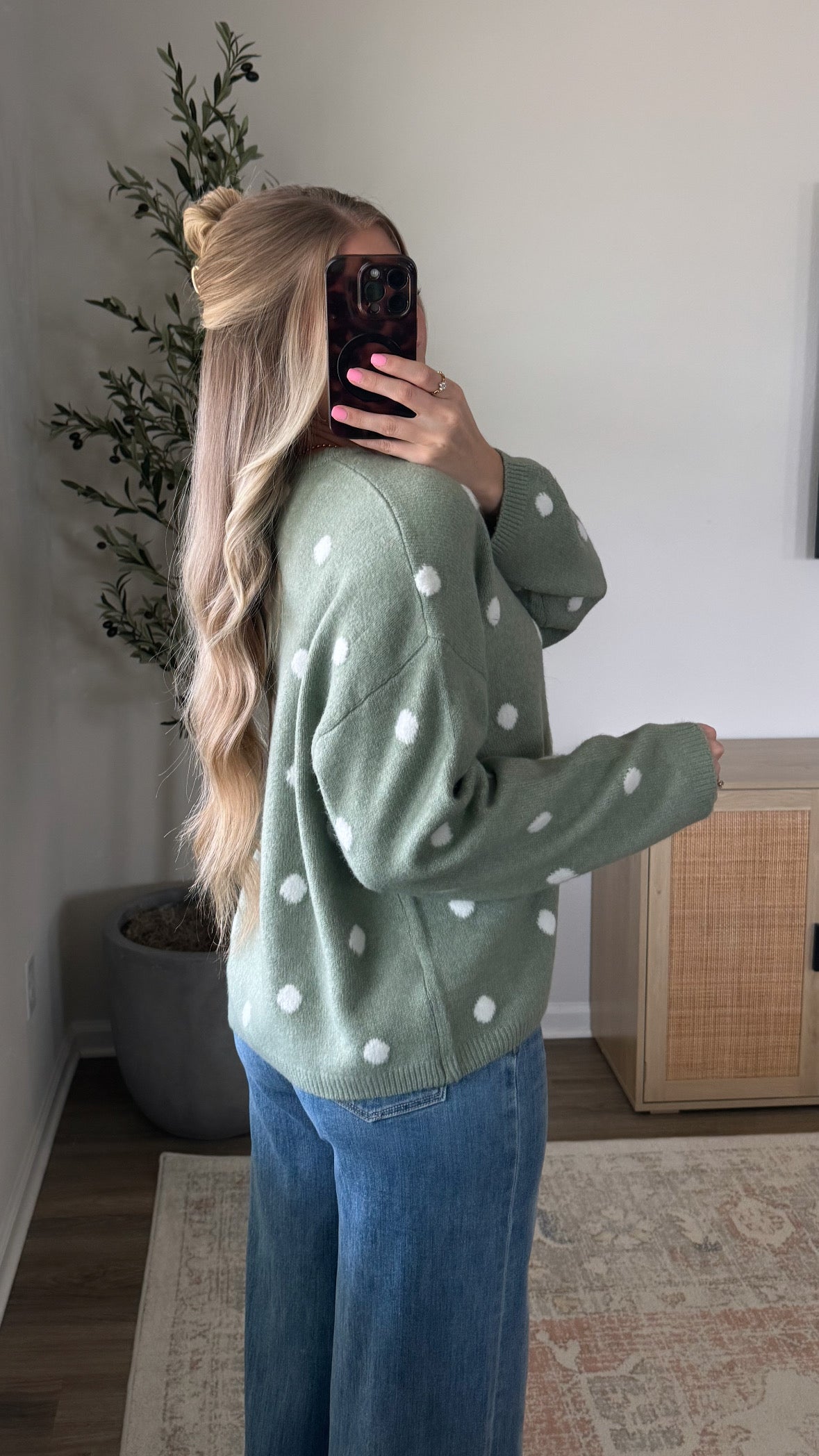 Polka Dot Cardigan / Sage + White