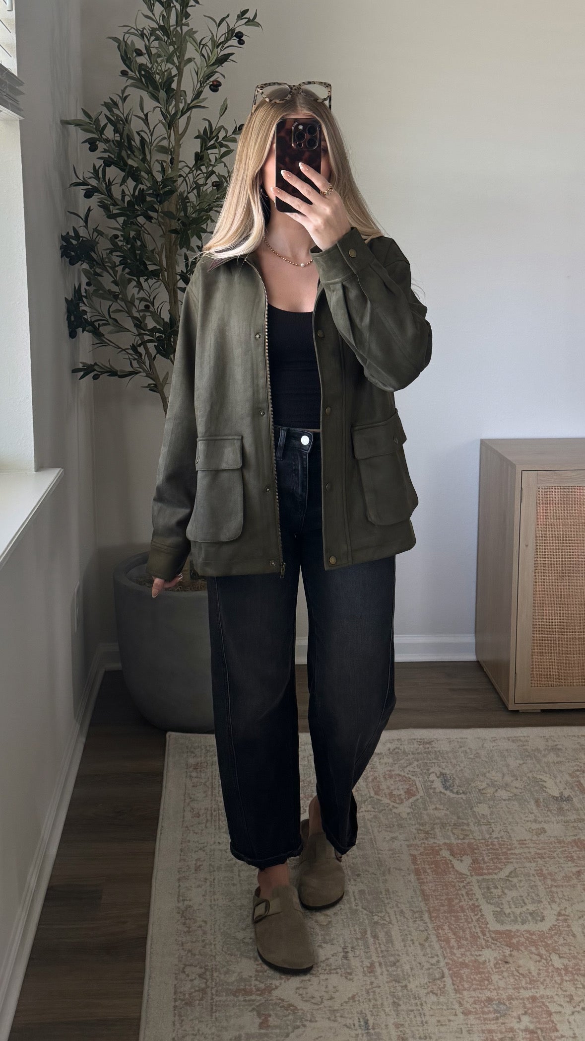 Faux Suede Barn Jacket / Olive Green