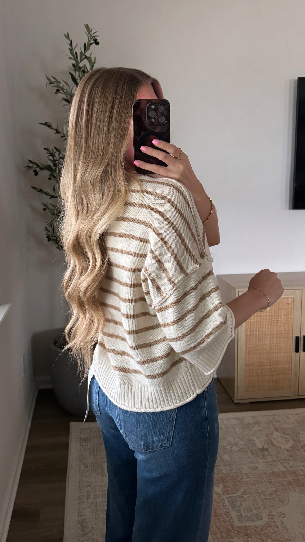 Harbor Striped Short Sleeve Sweater / Tan