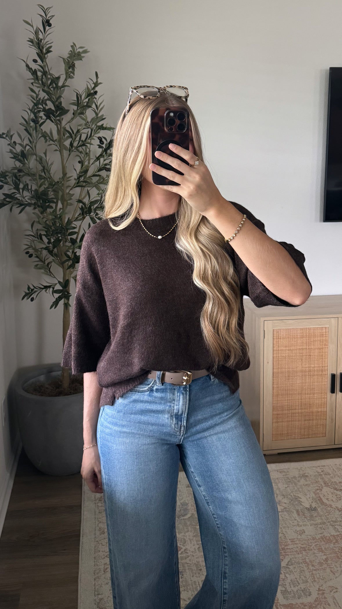 Oversized Short Sleeve Sweater / Dark Brown