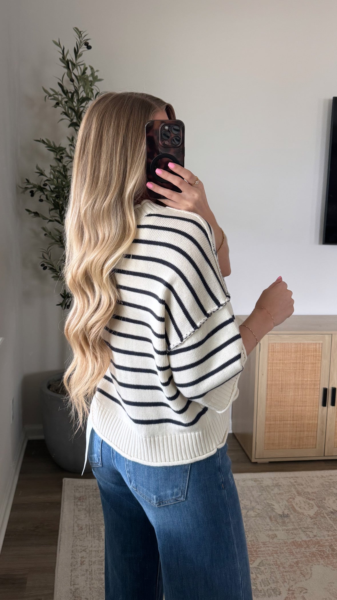 Harbor Striped Short Sleeve Sweater / Navy