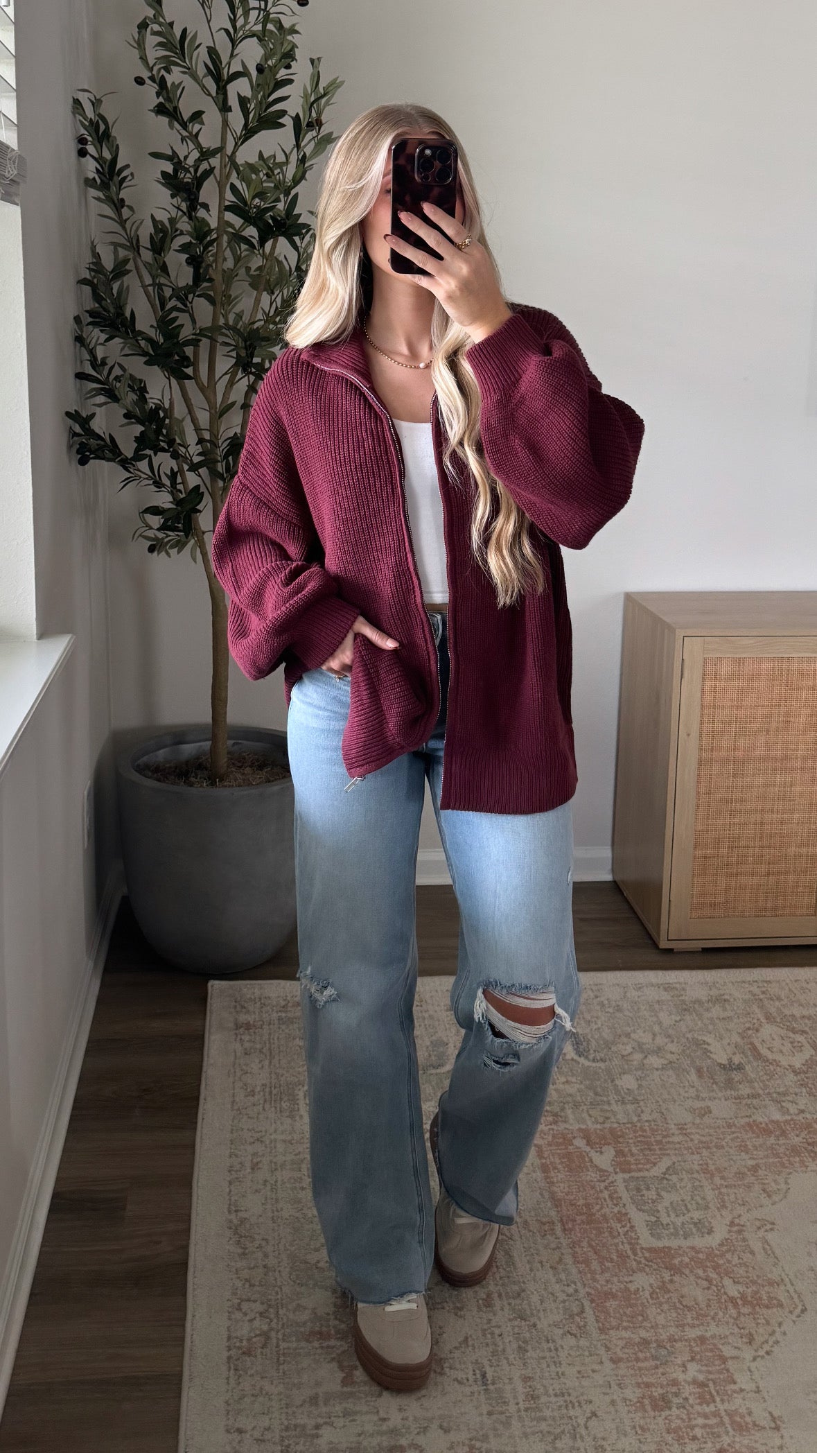 Zip-Up Knit Jacket / Burgundy