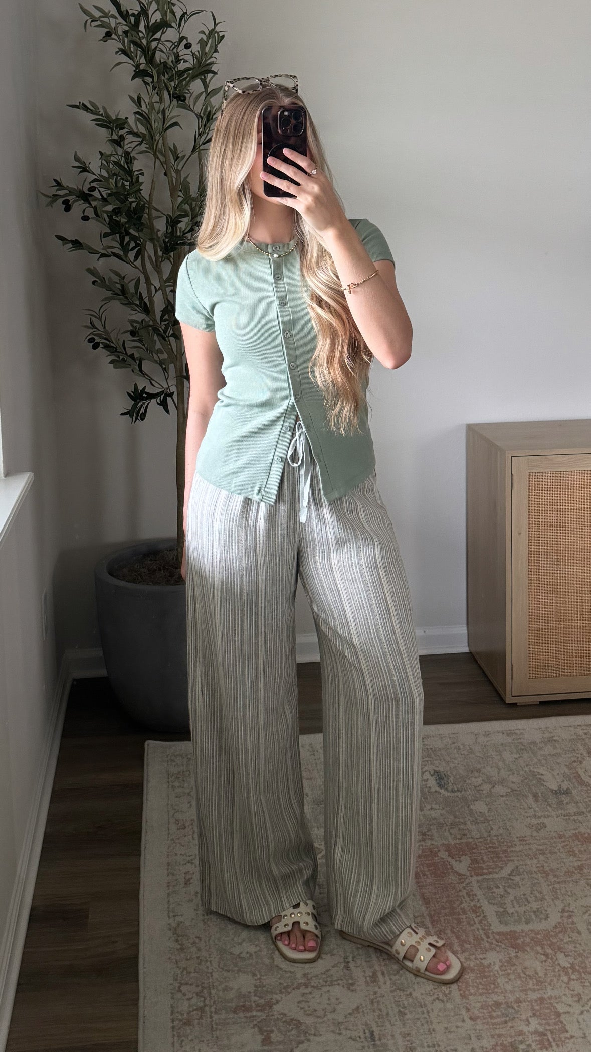Linen Blend Pant / Sage Stripe