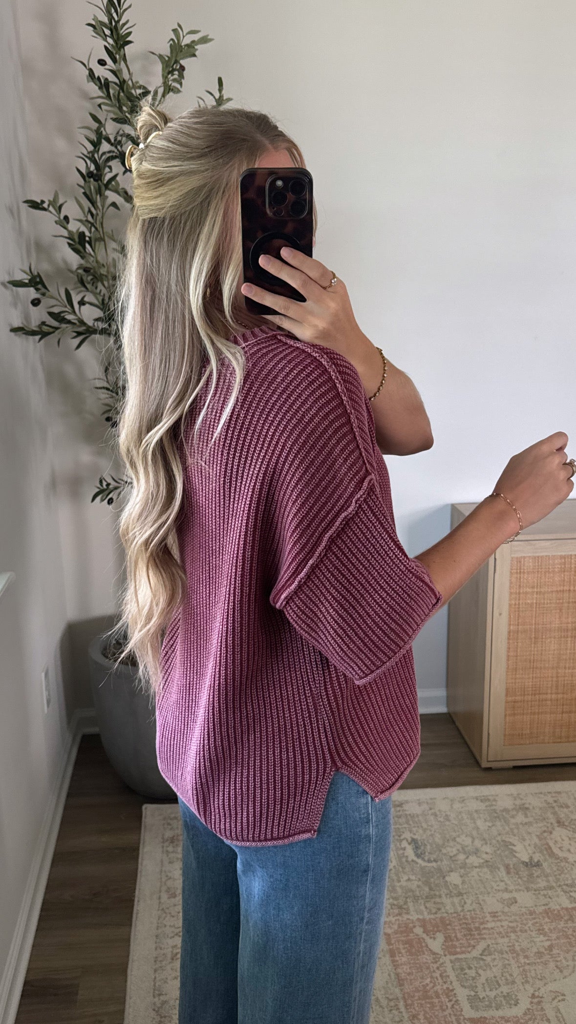 Vintage Short Sleeve Sweater / Burgundy