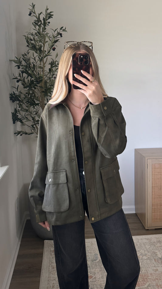 Faux Suede Barn Jacket / Olive Green