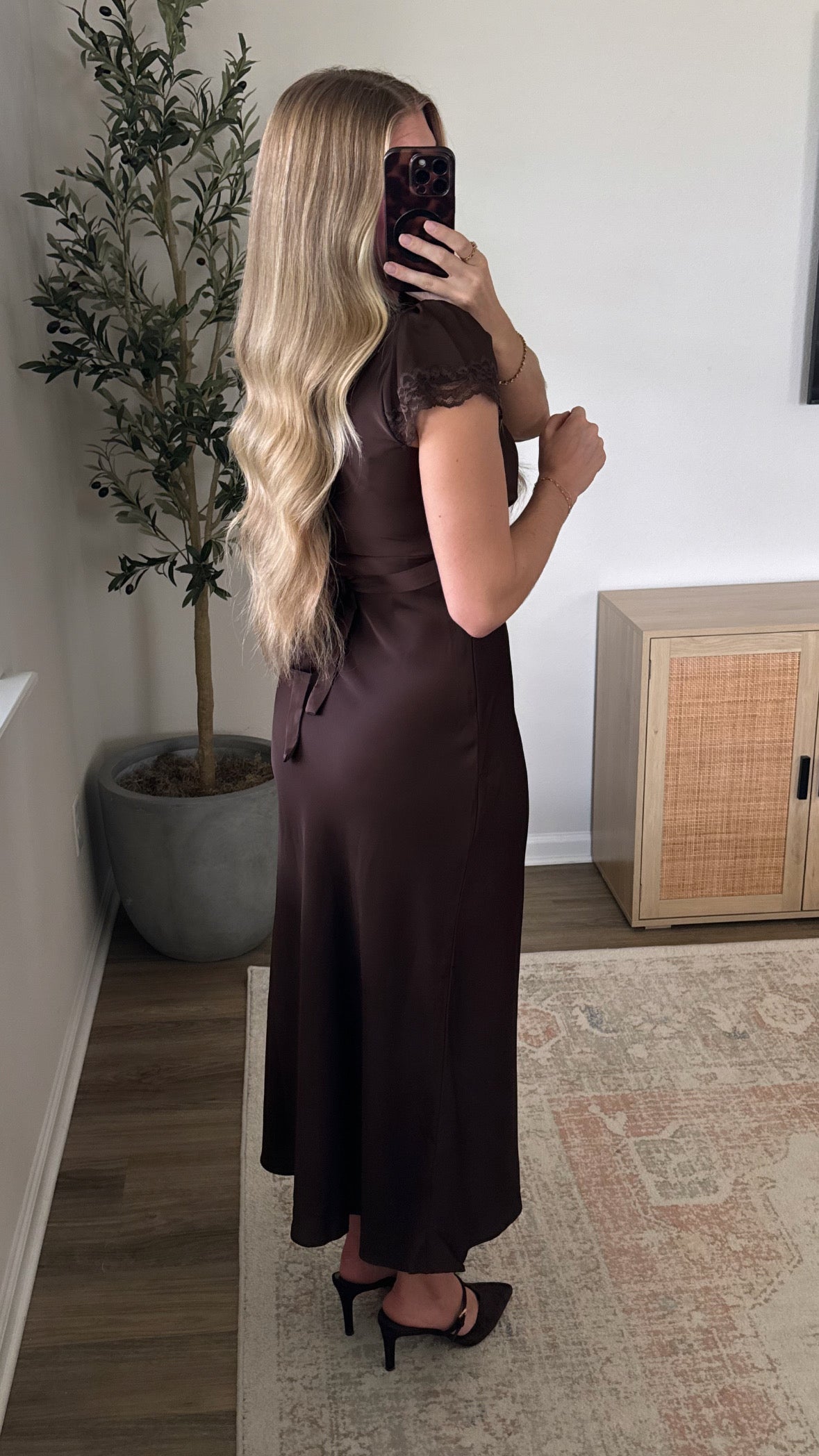 Satin Lace Midi Dress / Brown