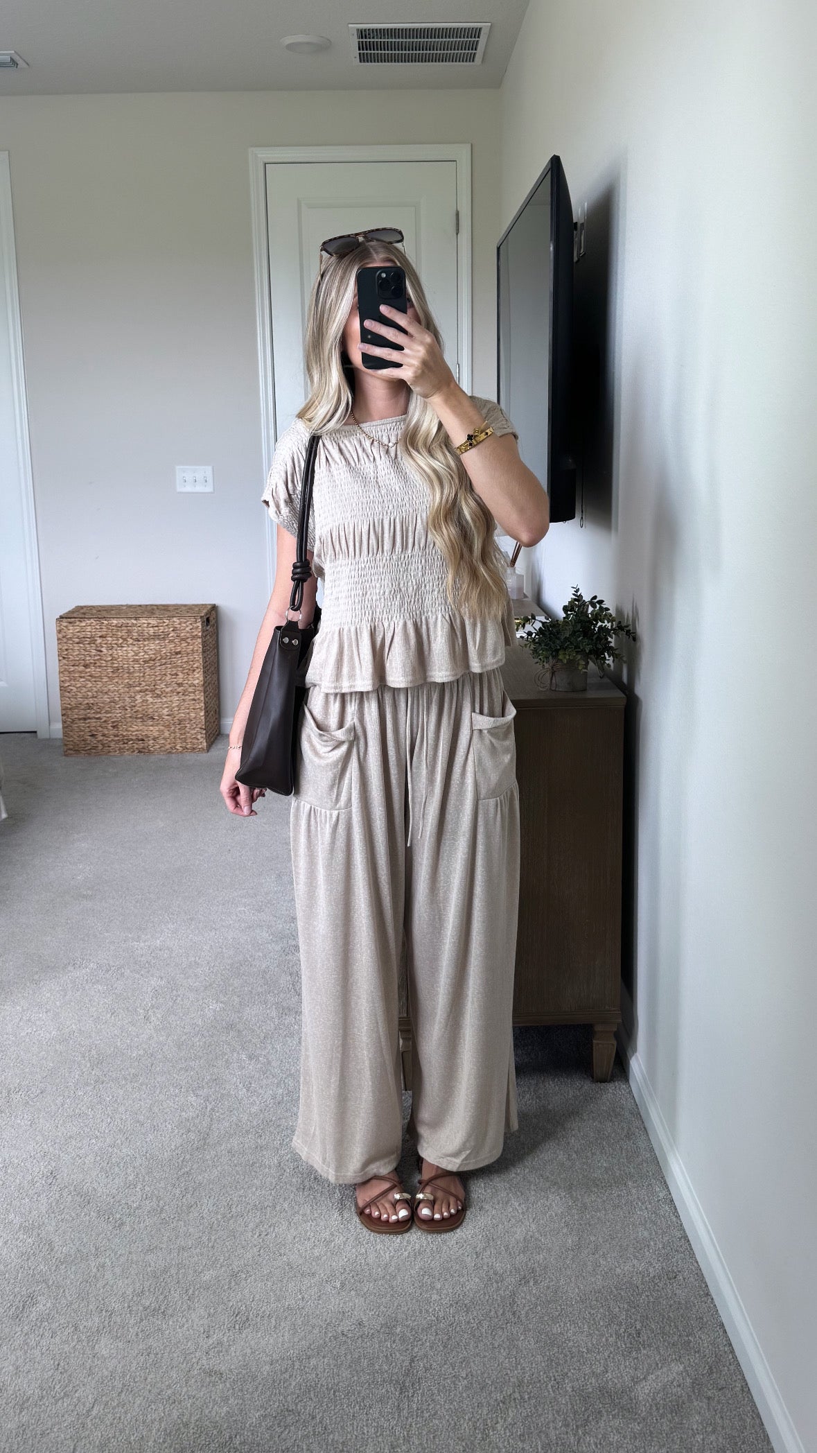 Smocked Wide Leg Set / Beige