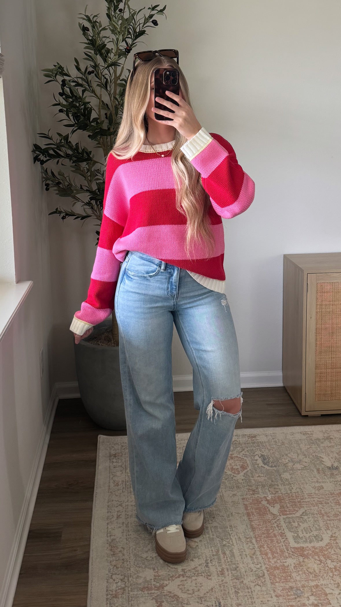 Sweetheart Striped Sweater / Red + Pink