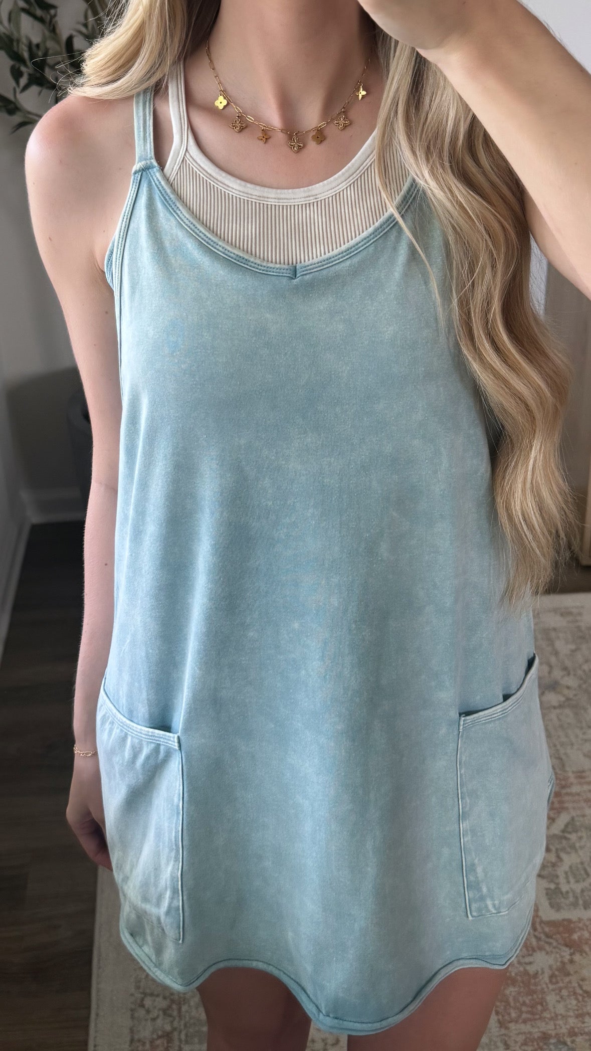 Mineral Wash Romper Dress / Dusty Blue