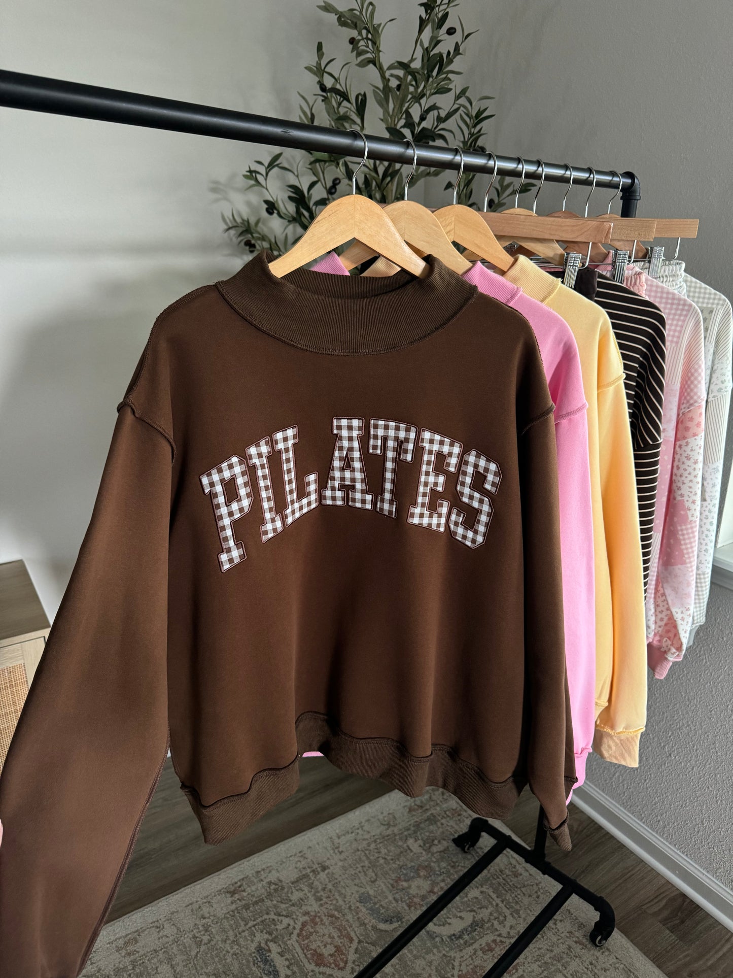 Pilates Embroidered Mock Neck Sweatshirt / Brown