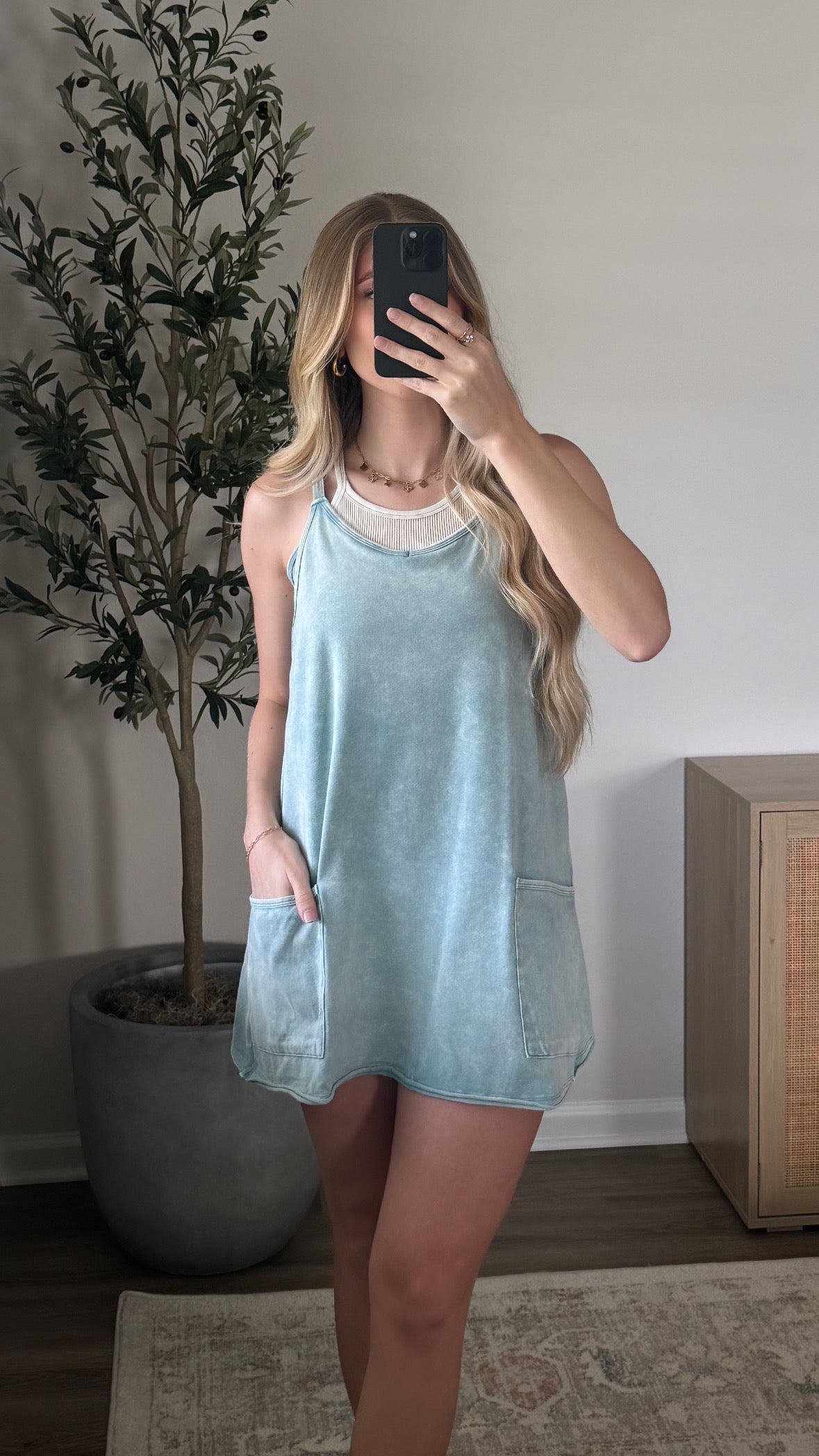 Mineral Wash Romper Dress / Dusty Blue