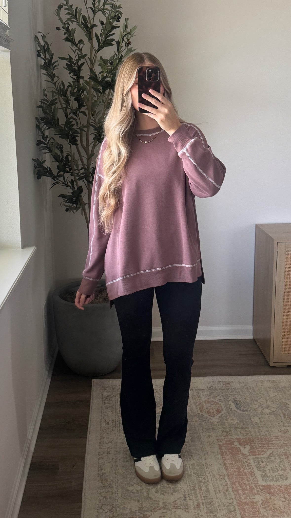 Contrast Stitched Pullover / Dusty Rose