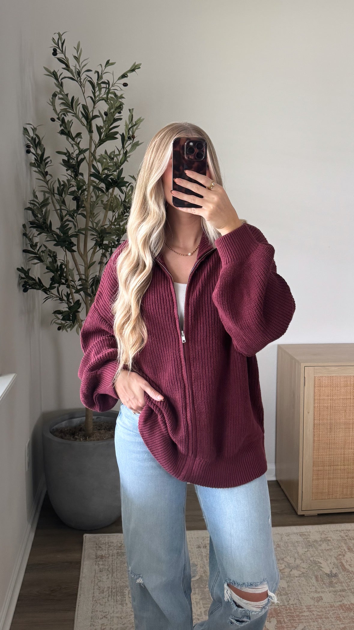 Zip-Up Knit Jacket / Burgundy