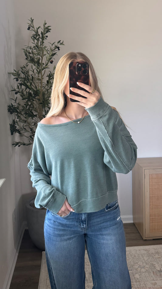 Boat Neck Waffle Top / Washed Sage