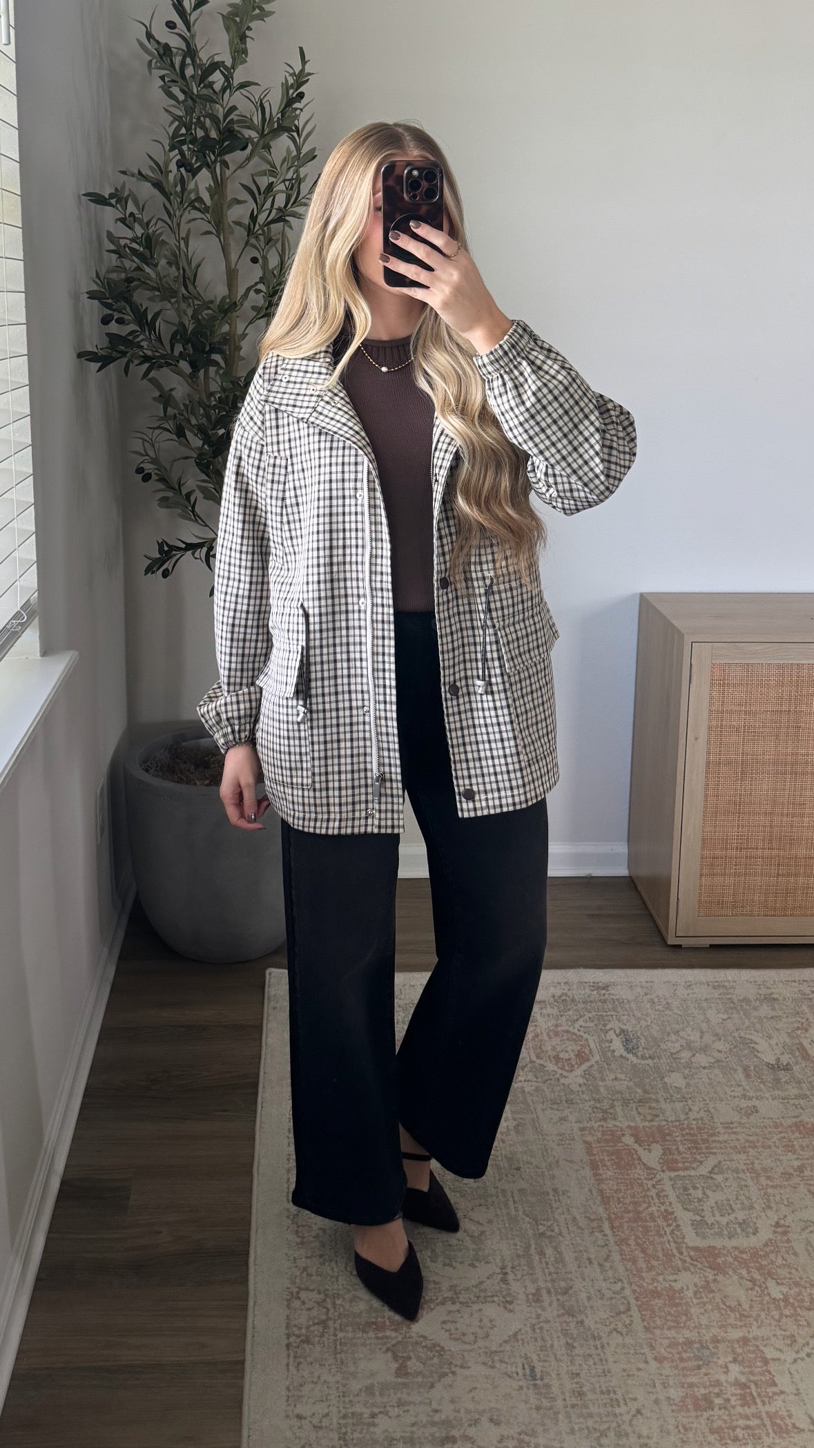 Plaid Cinch Waist Jacket / Cream + Brown