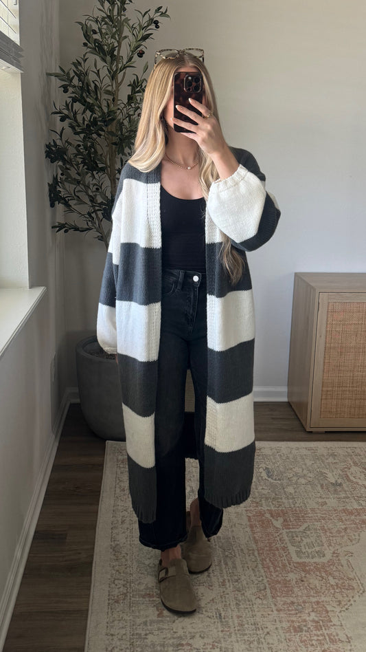 Longline Striped Cardigan / Grey