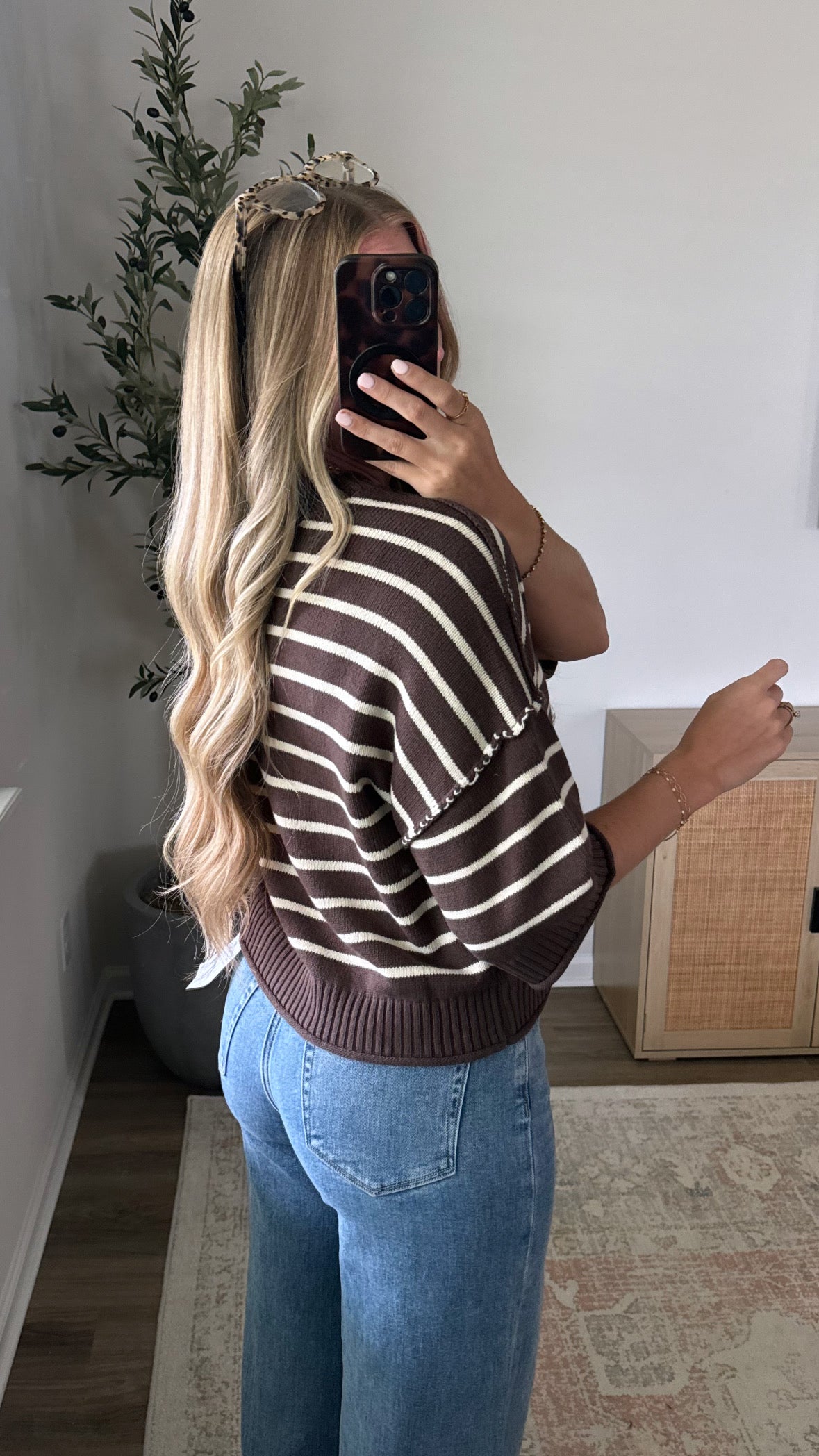 Striped Autumn Short Sleeve Knit / Brown + Cream