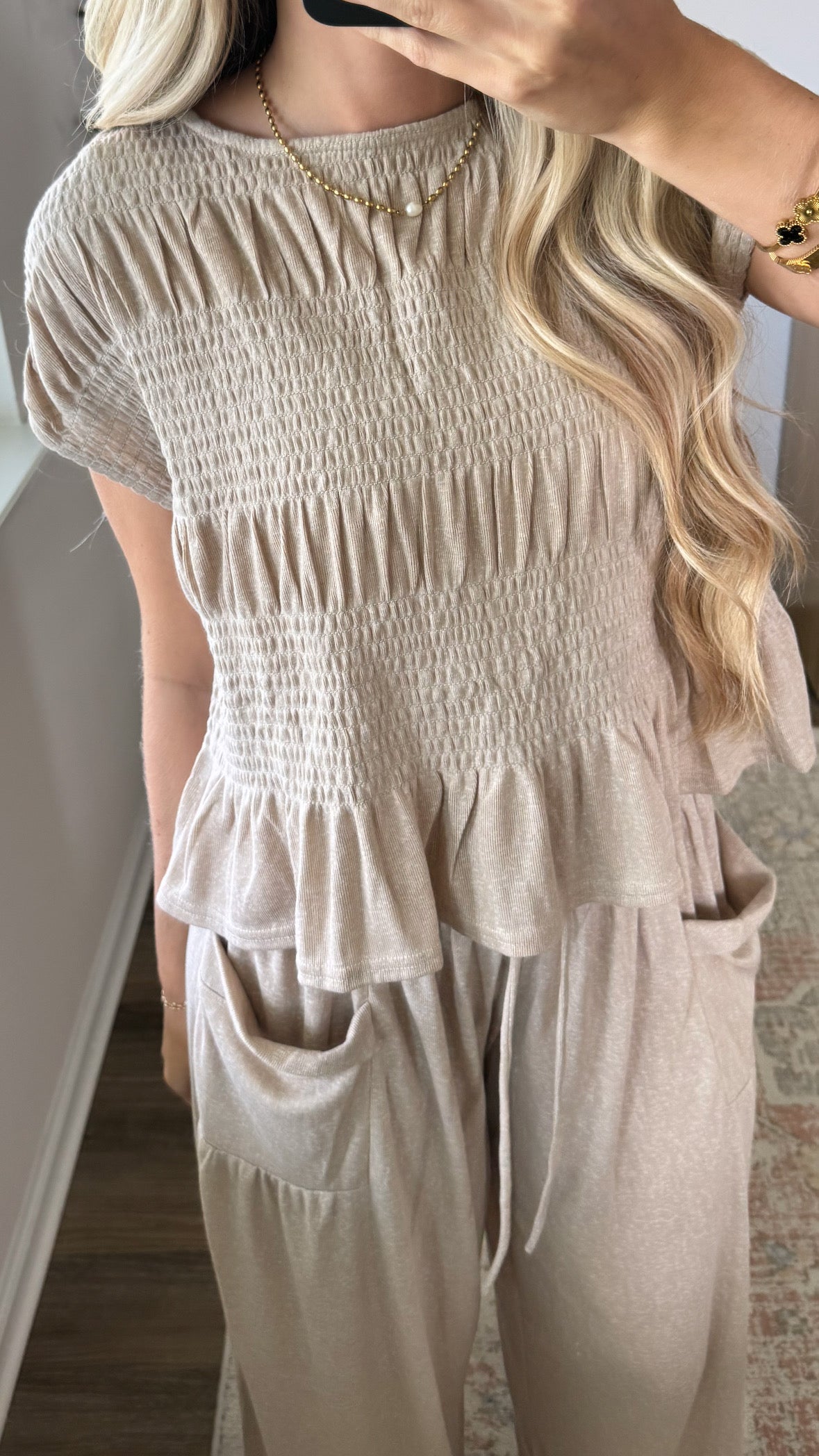 Smocked Wide Leg Set / Beige