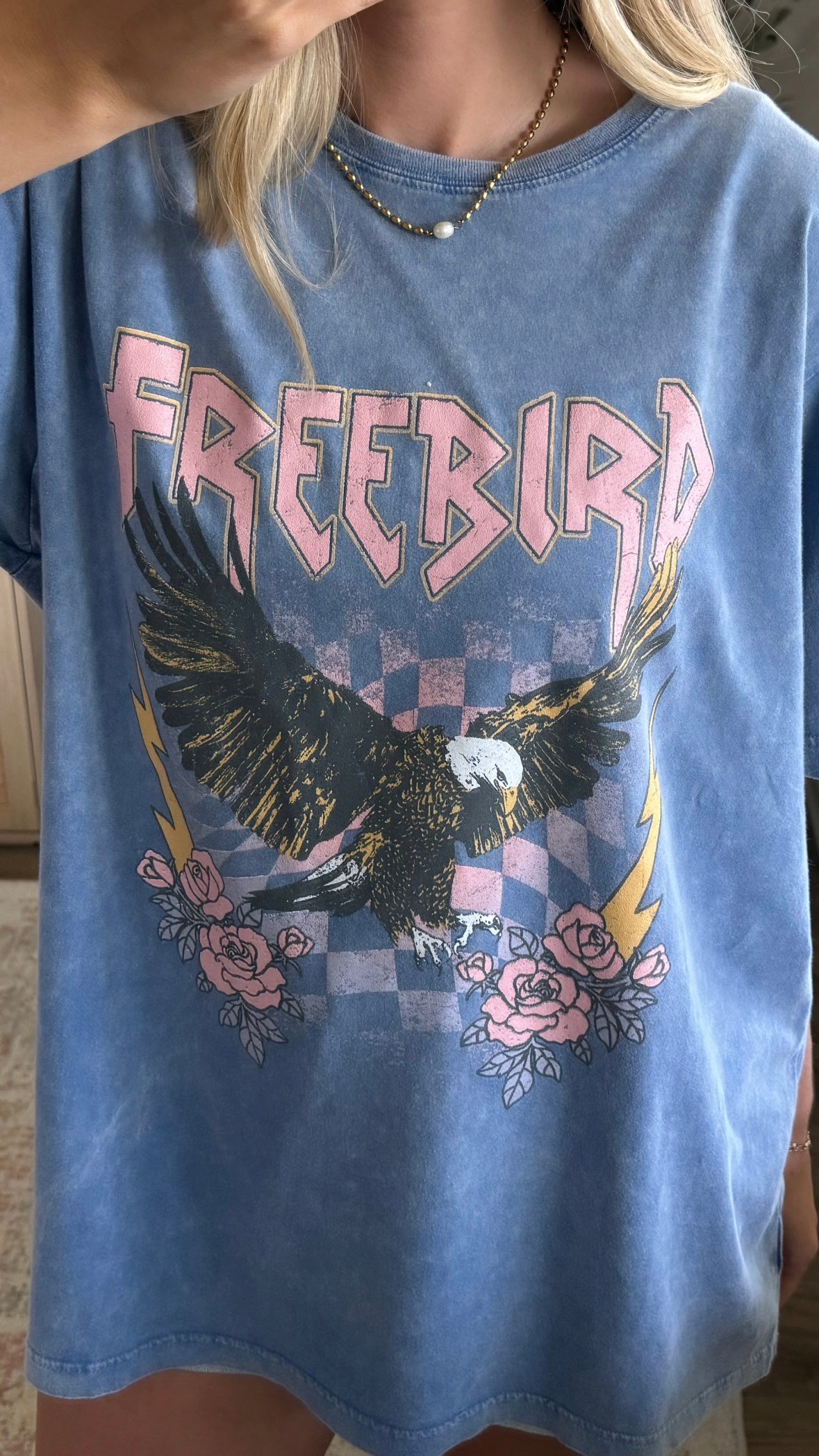Checkered Free Bird Graphic Tee / Blue