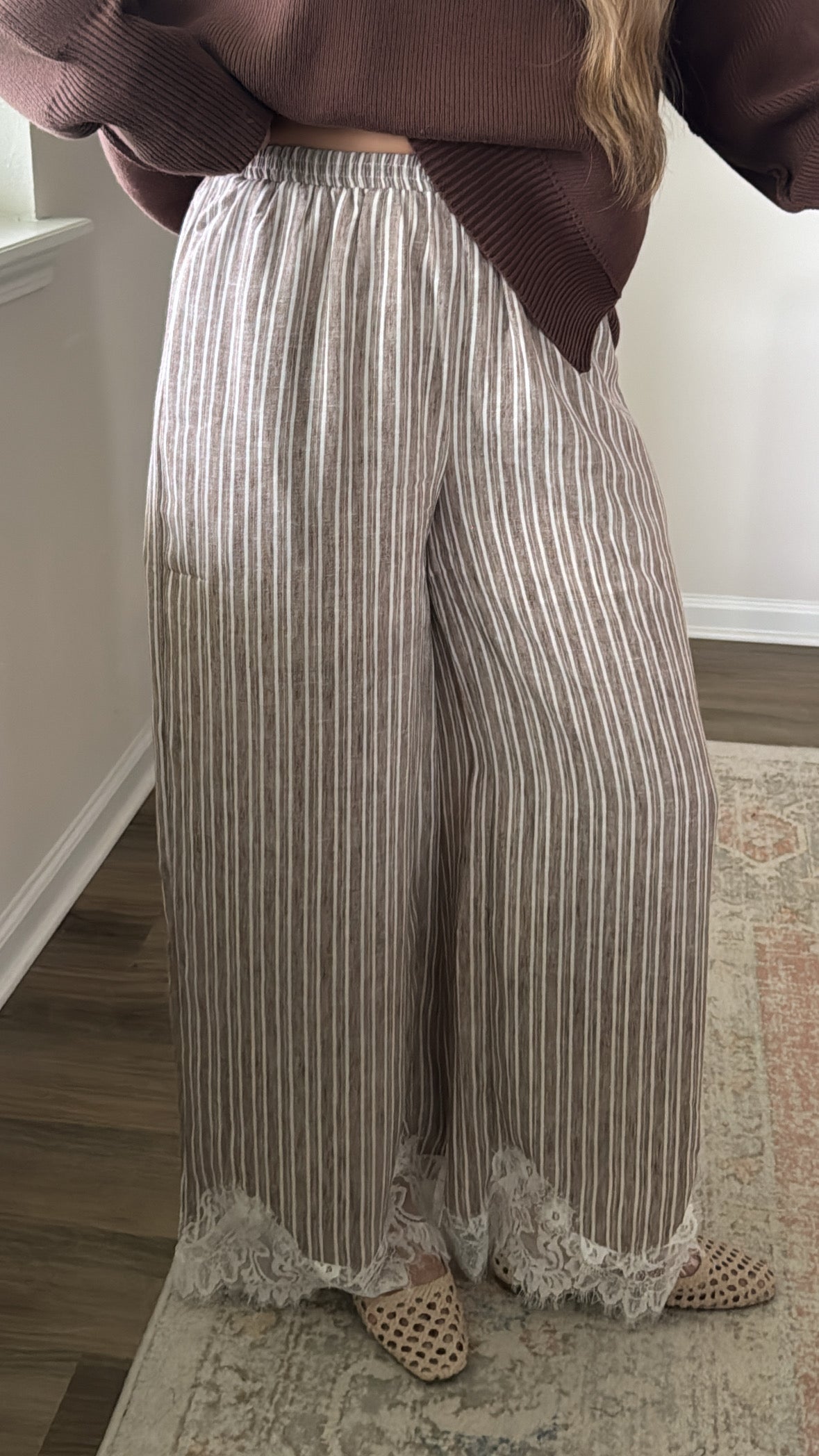 Striped Lace Trim Pants / Mocha