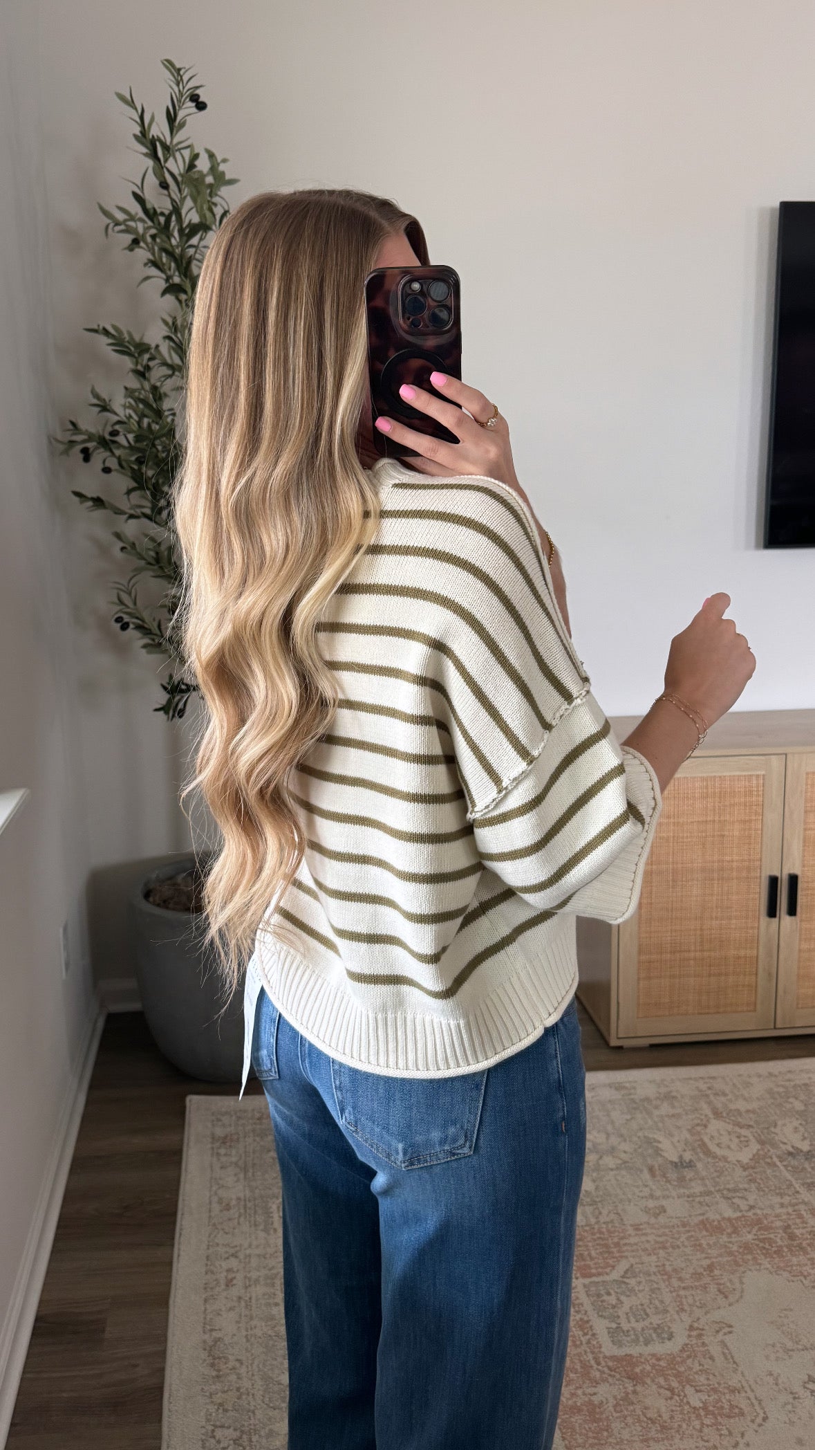 Harbor Striped Short Sleeve Sweater / Olive