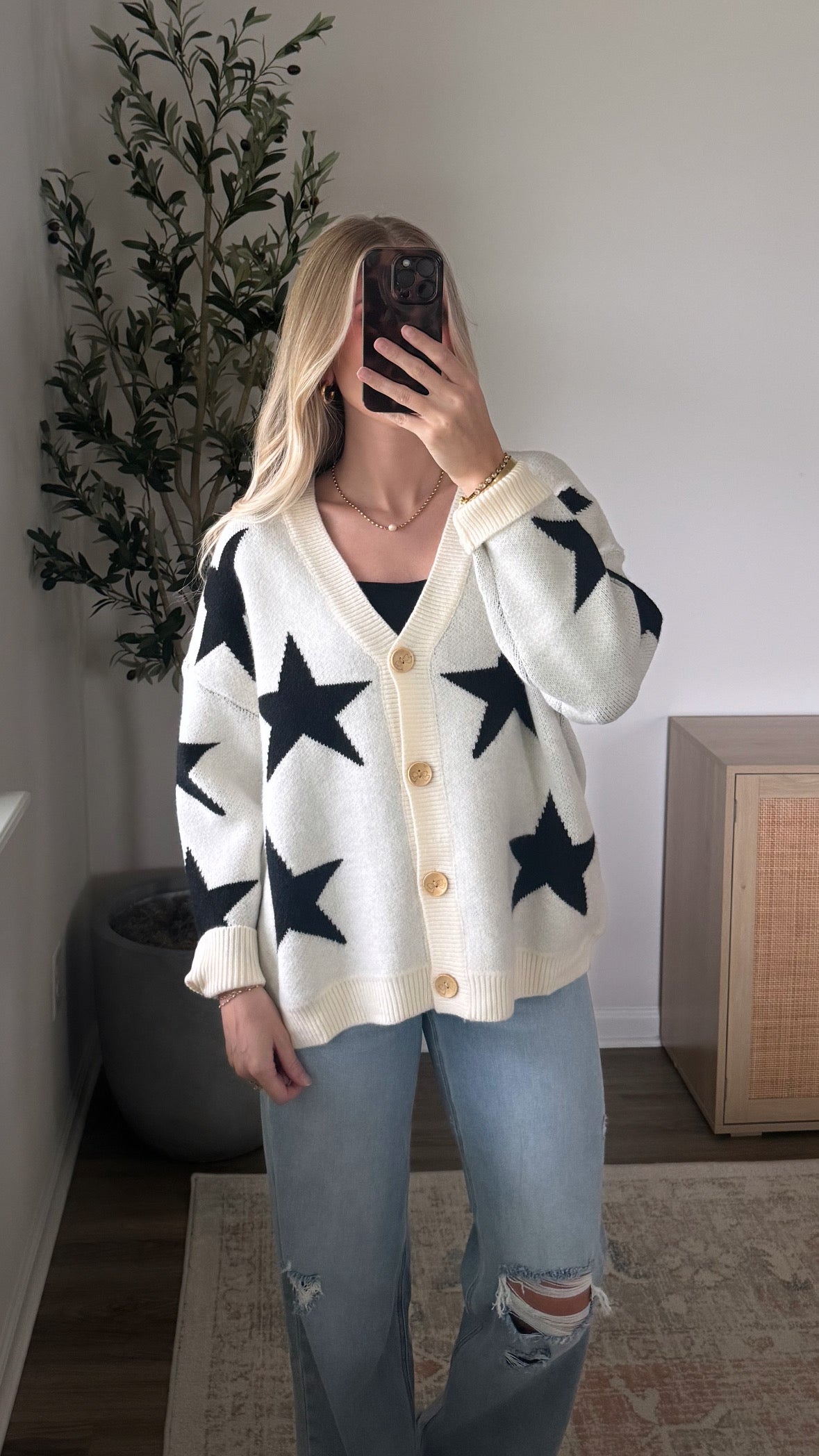 Star Cardigan / Cream + Black
