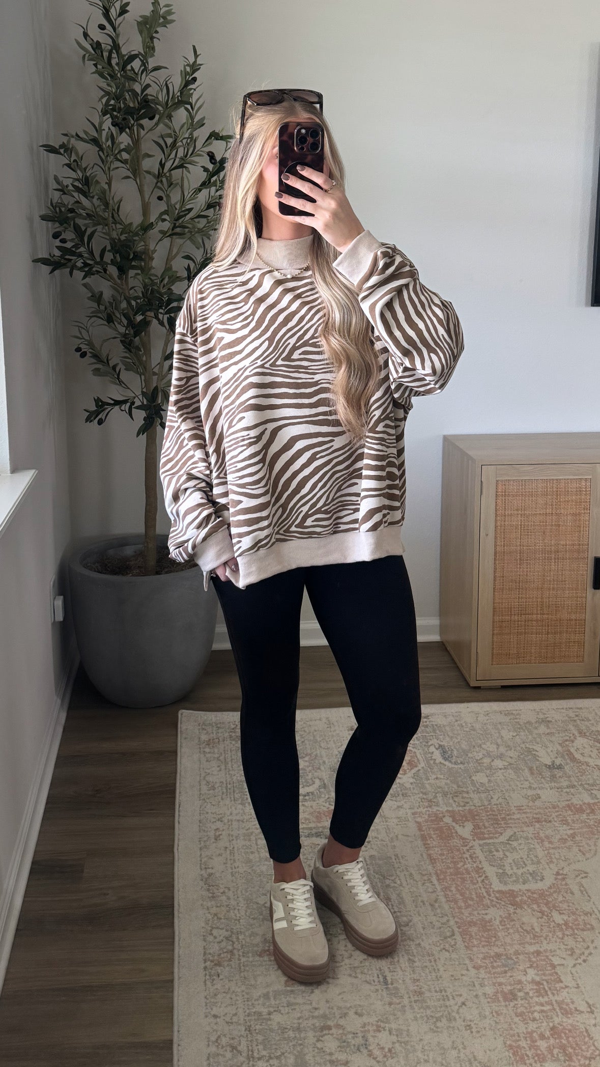 Zebra Mock Neck Sweatshirt / Tan