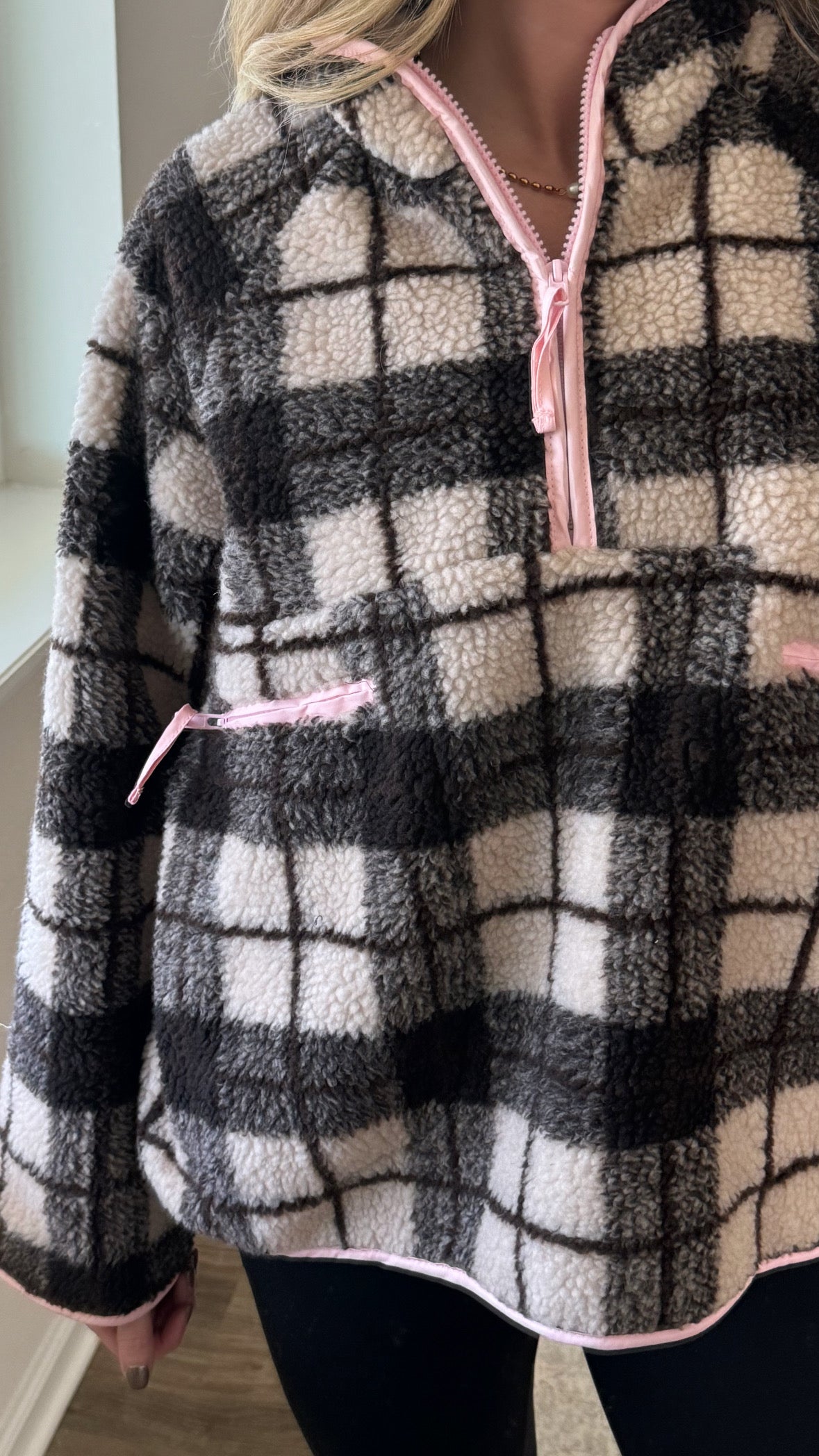 Plaid Sherpa Quarter Zip / Brown + Pink