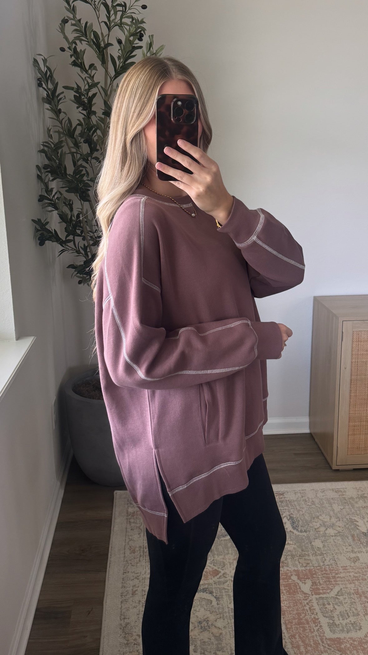 Contrast Stitched Pullover / Dusty Rose