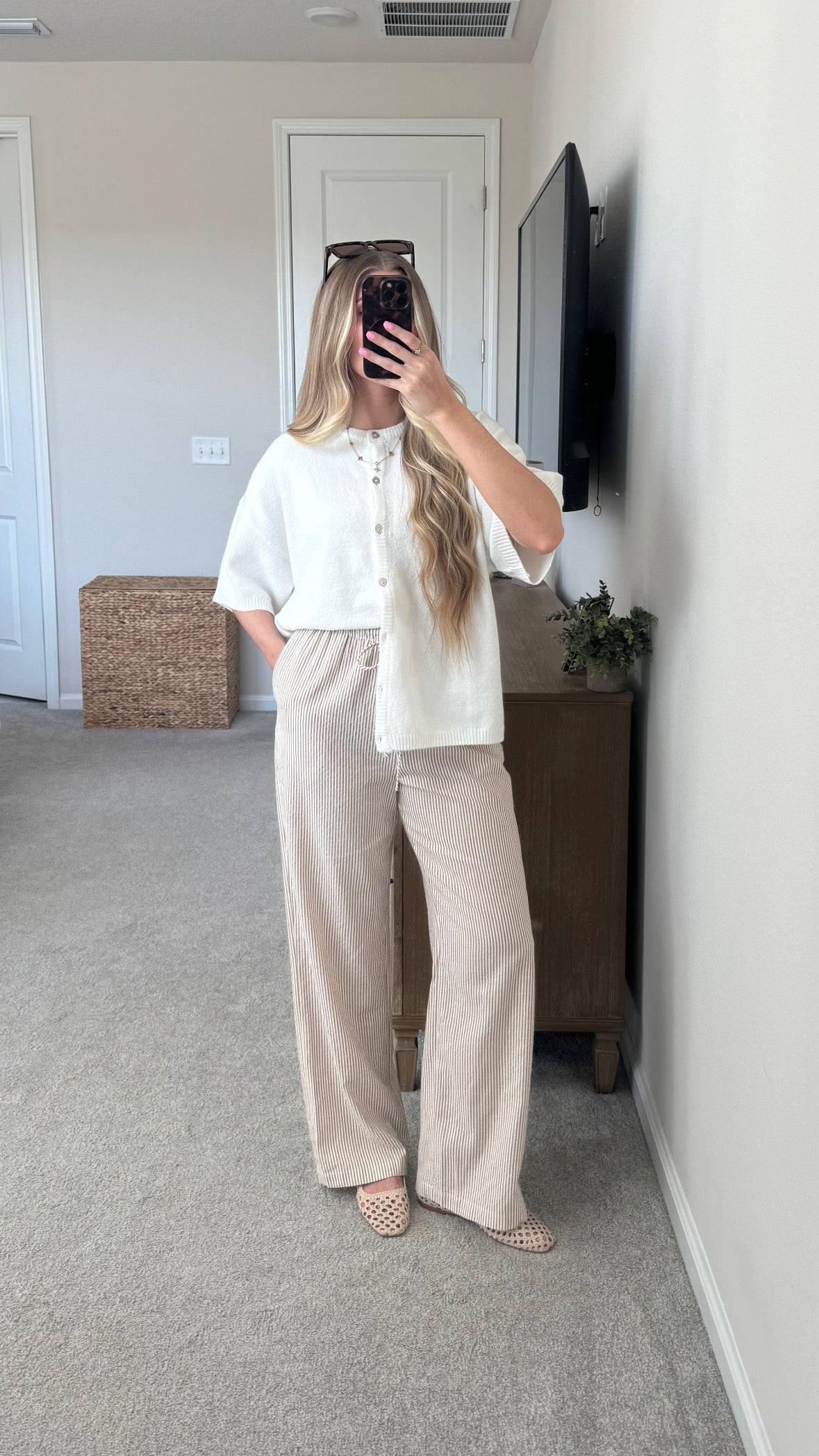 Pinstripe Wide Leg Pants / Tan