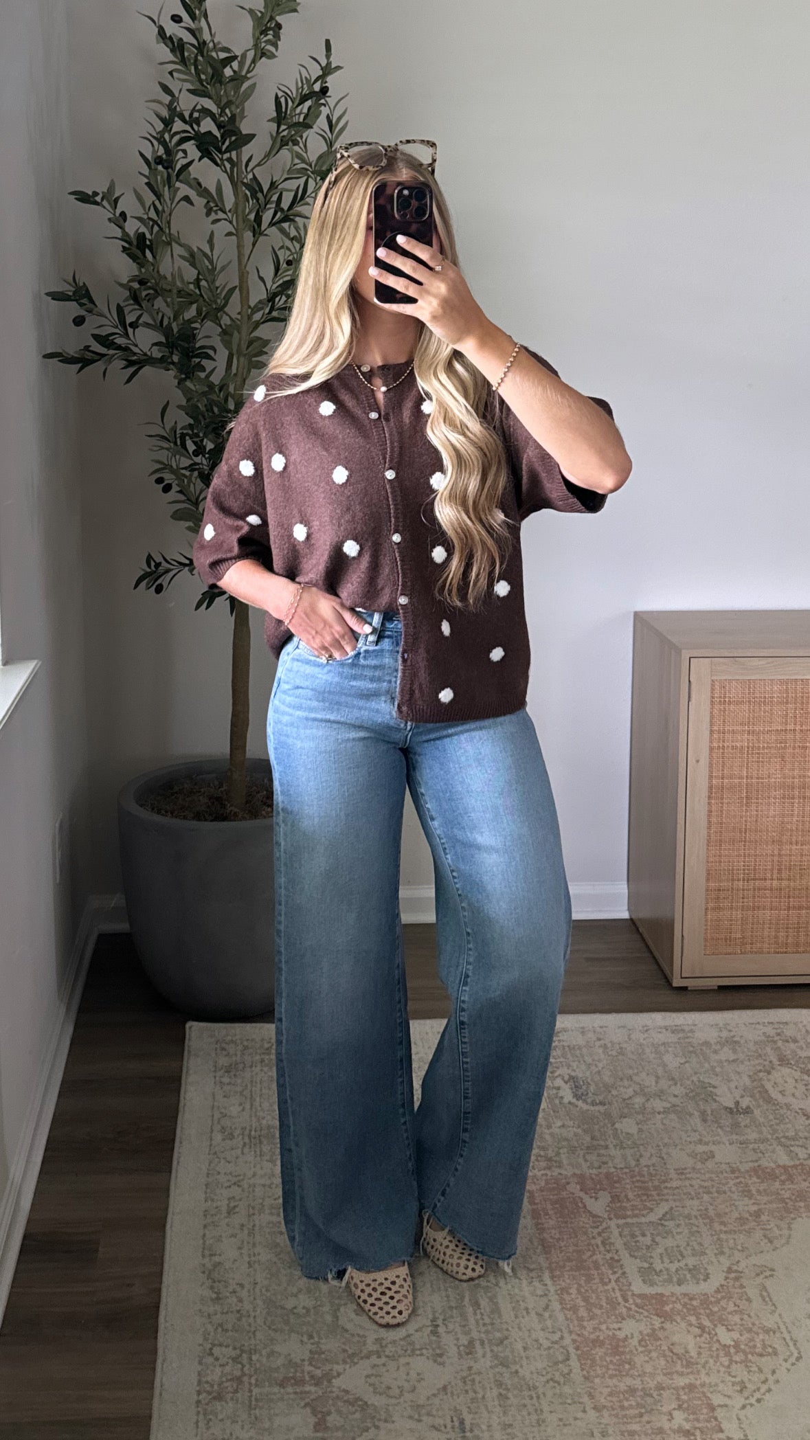 PREORDER (Estimated to ship 8/30) - Polka Dot Short Sleeve Cardigan / Brown