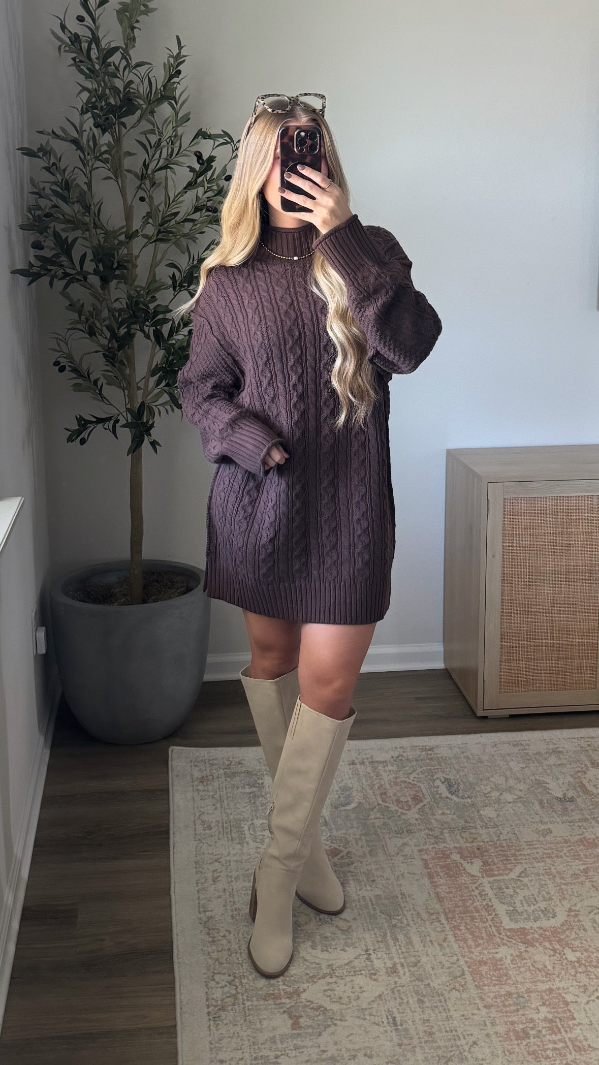 Cable Knit Sweater Dress / Dark Brown