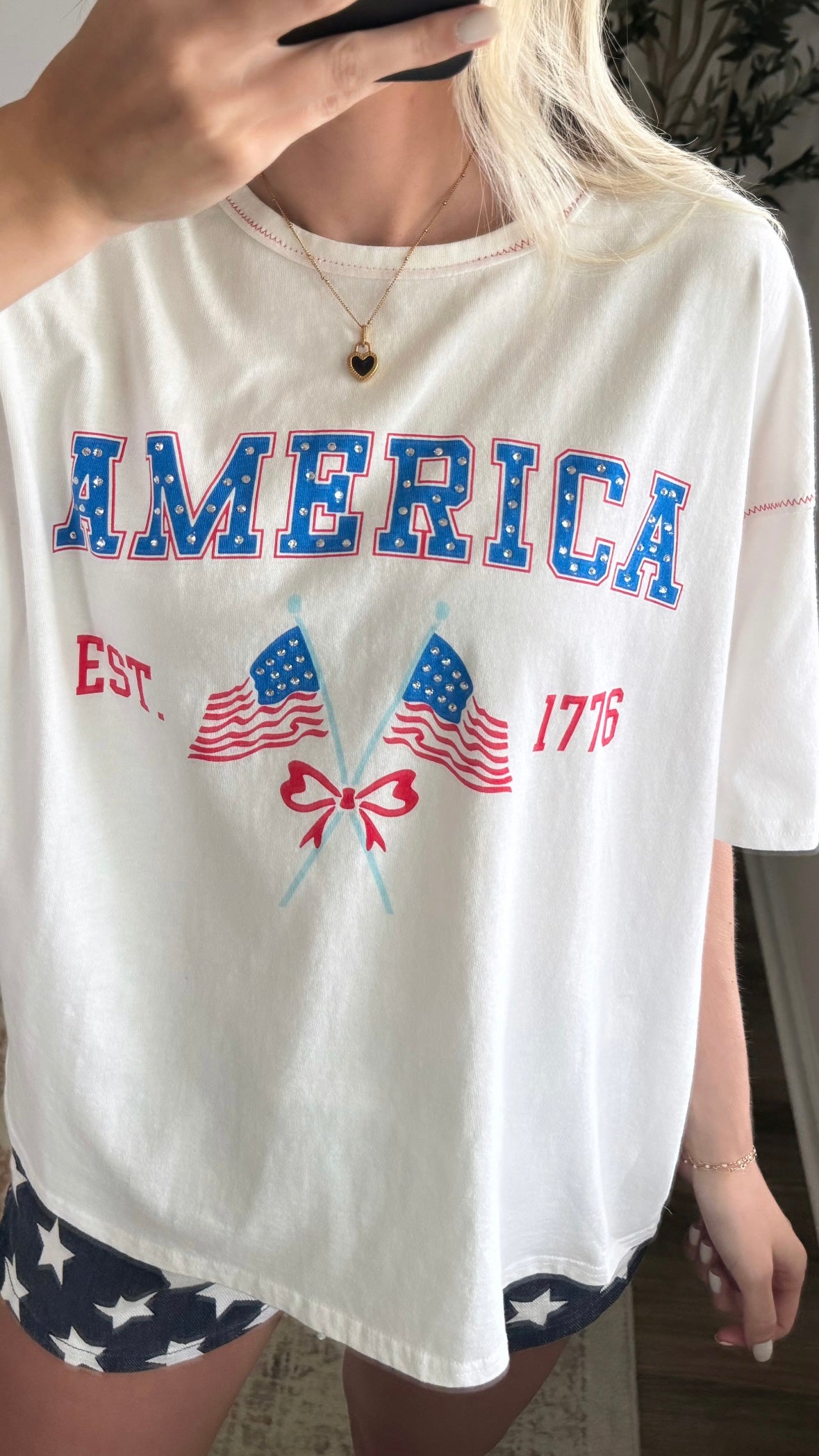 America Rhinestone Tee / White
