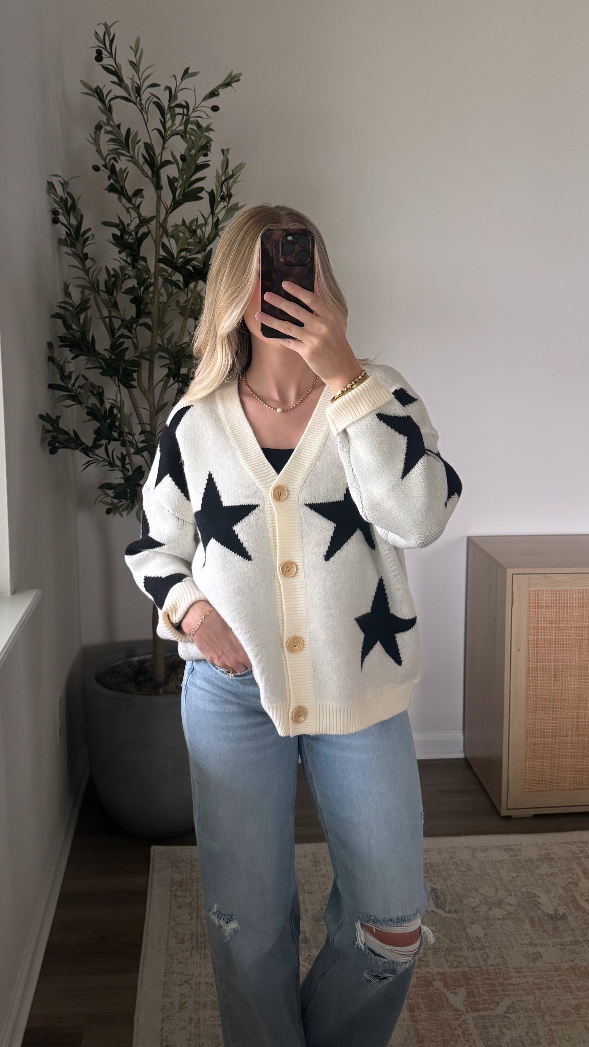 Star Cardigan / Cream + Black