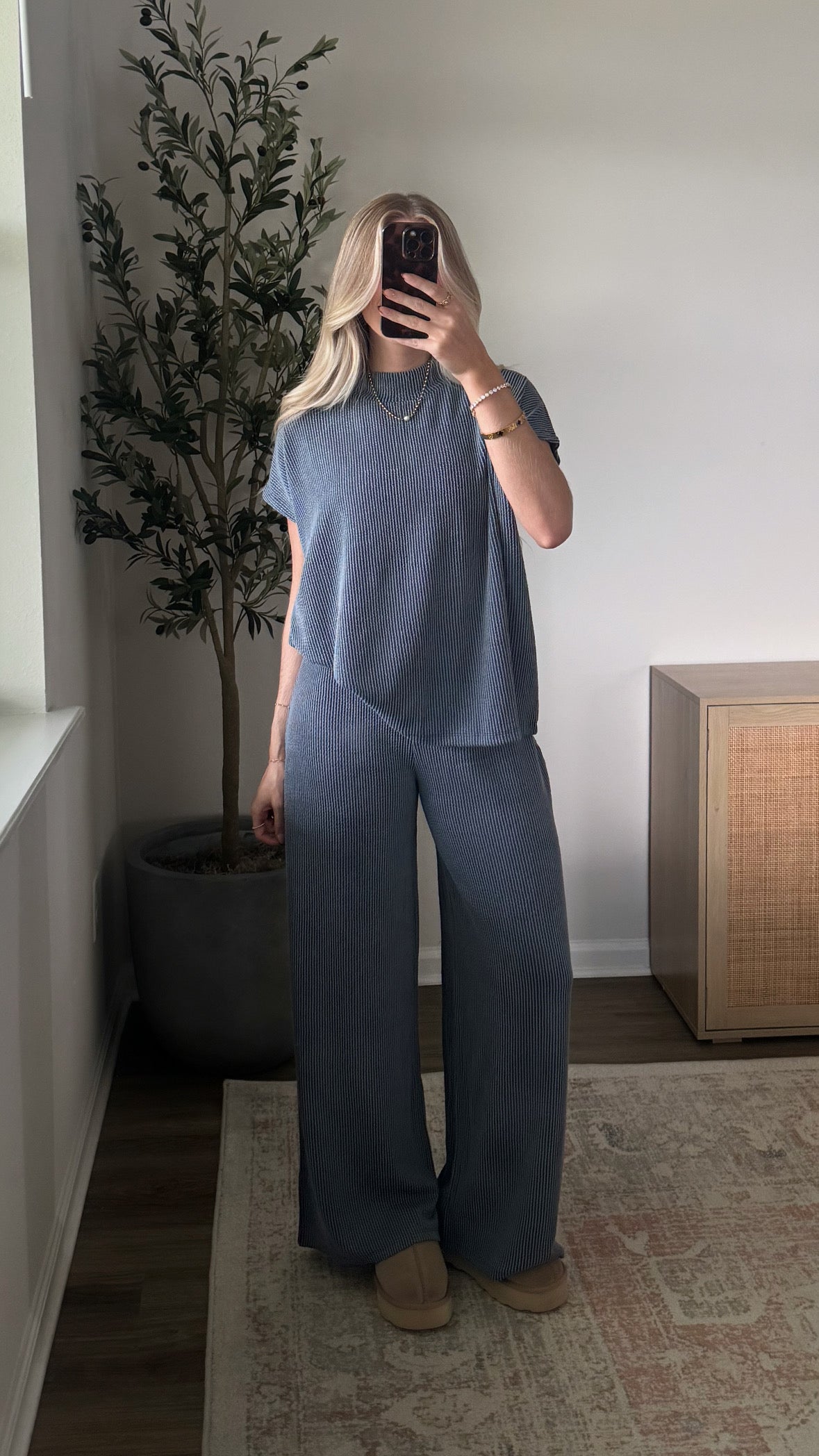 Ribbed Pants Set / Dusty Blue