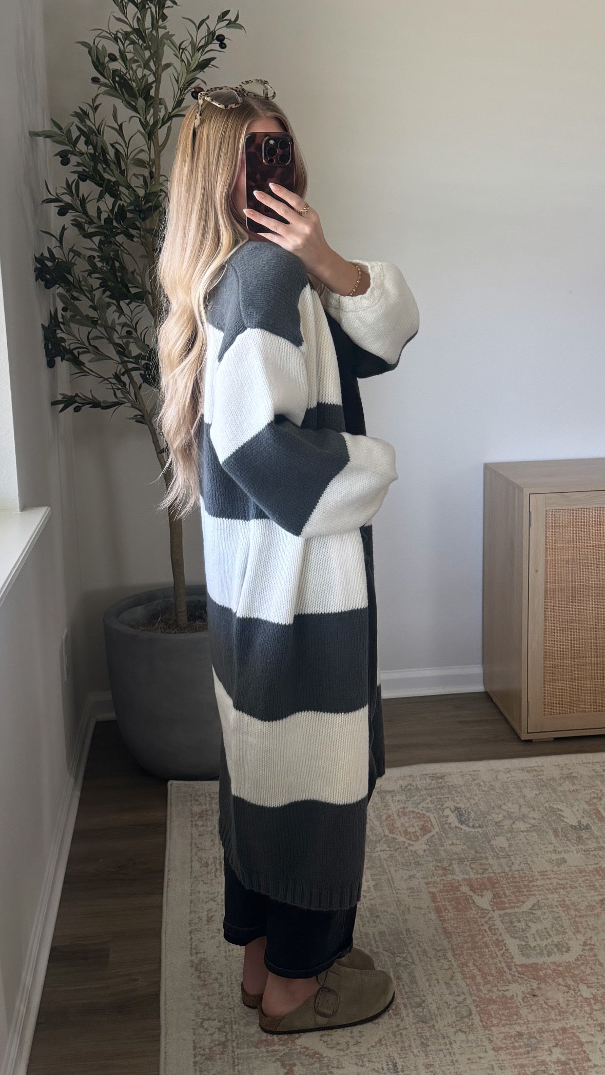 Longline Striped Cardigan / Grey