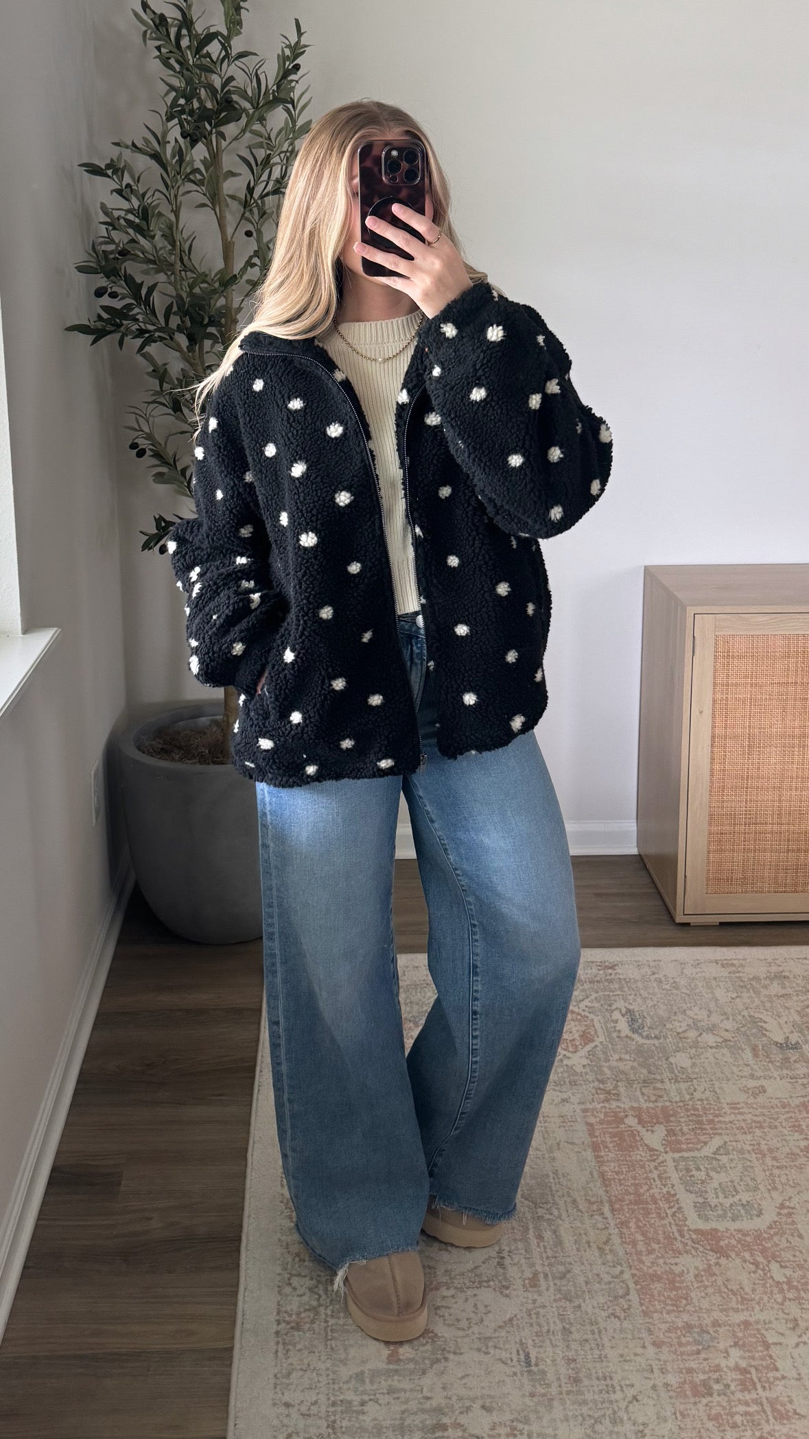 Polka Dot Sherpa Jacket / Black + Cream