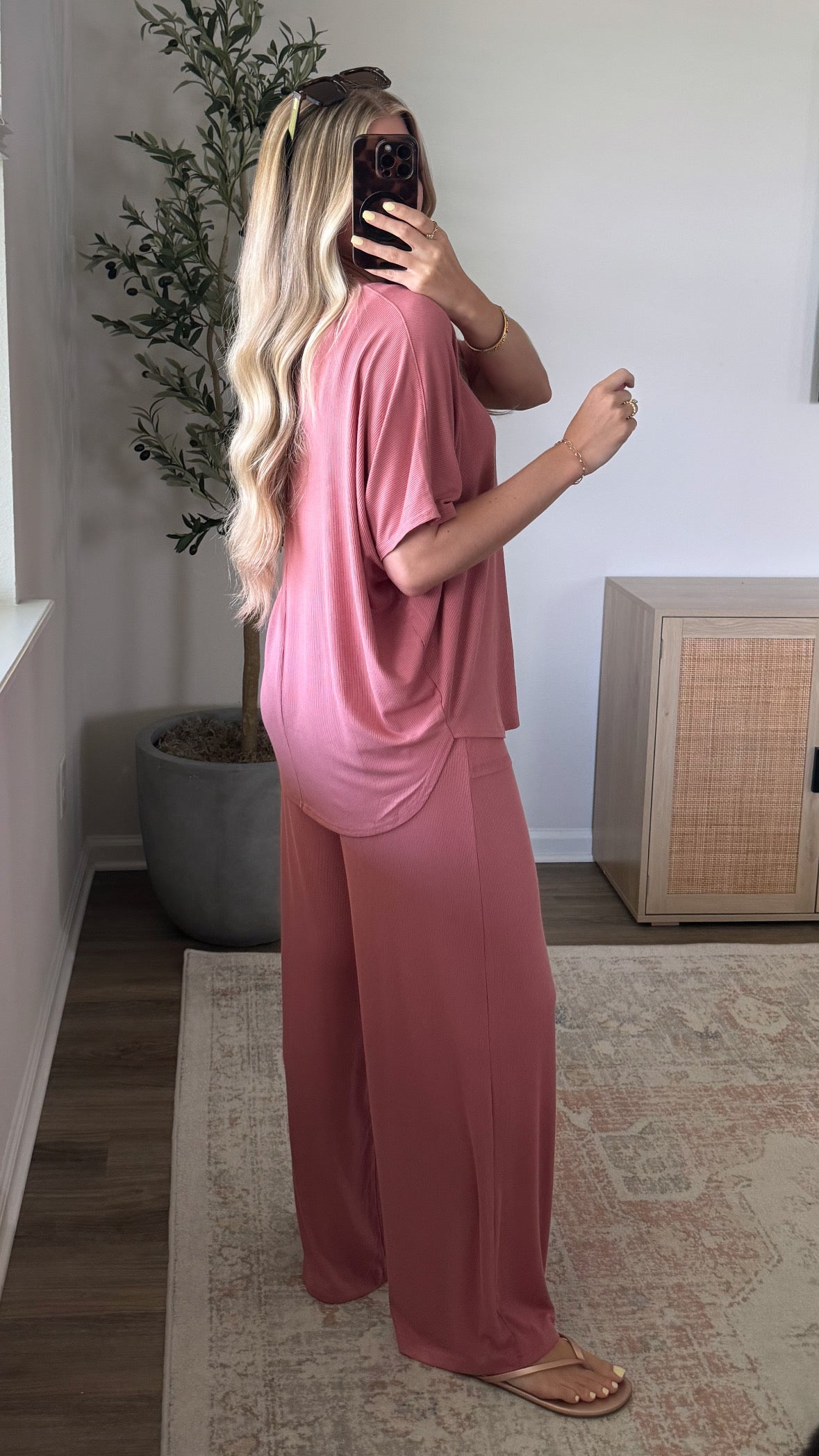 Rayon Ribbed Pants Set / Dusty Rose