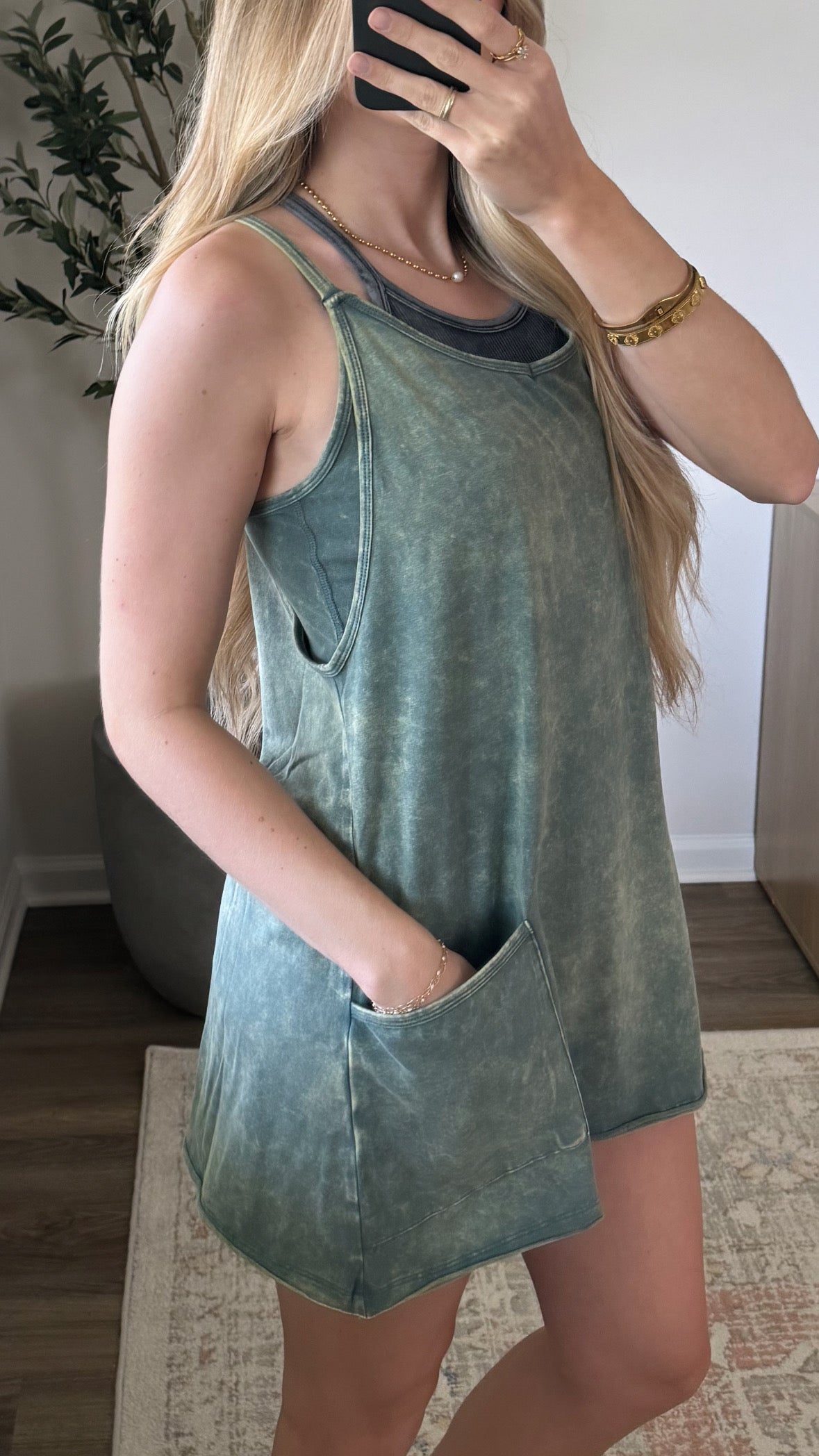 Mineral Wash Romper Dress / Jade