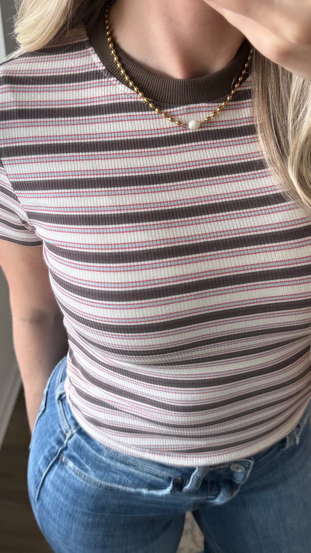 Rayon Ribbed Tee / Brown + Pink