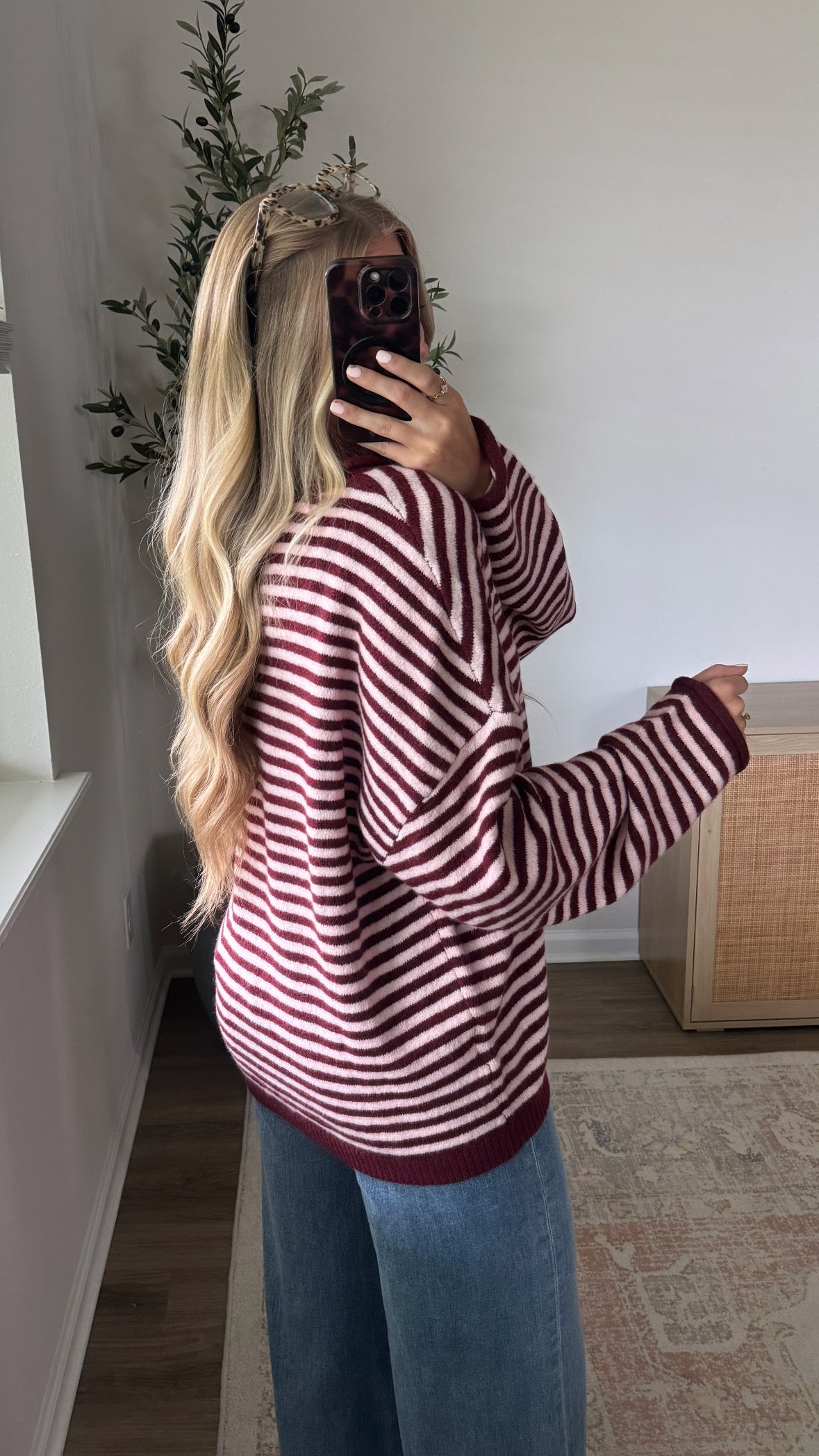 PREORDER (estimated to ship 8/14) - Chelsey Striped Henley Sweater / Burgundy + Pink