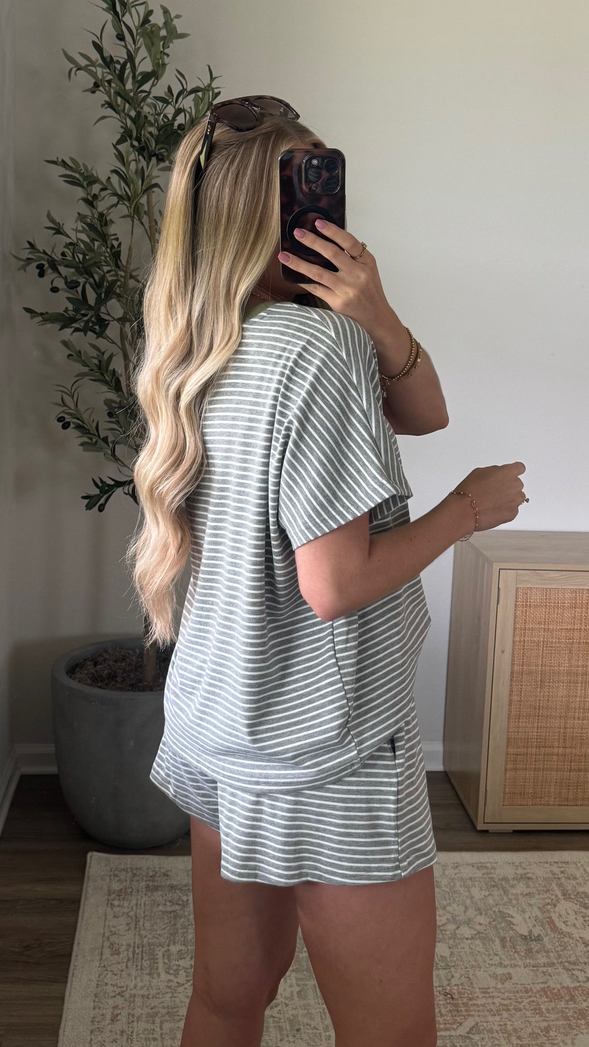 Gracie Striped Shorts Set / Grey + Green