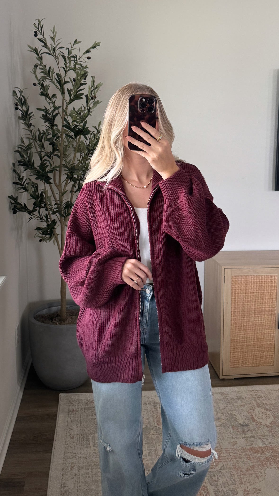 Zip-Up Knit Jacket / Burgundy