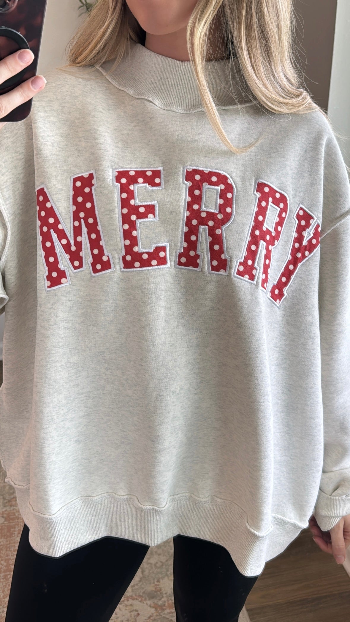 Merry Polka Dot Mock Neck Sweatshirt / Heather Grey
