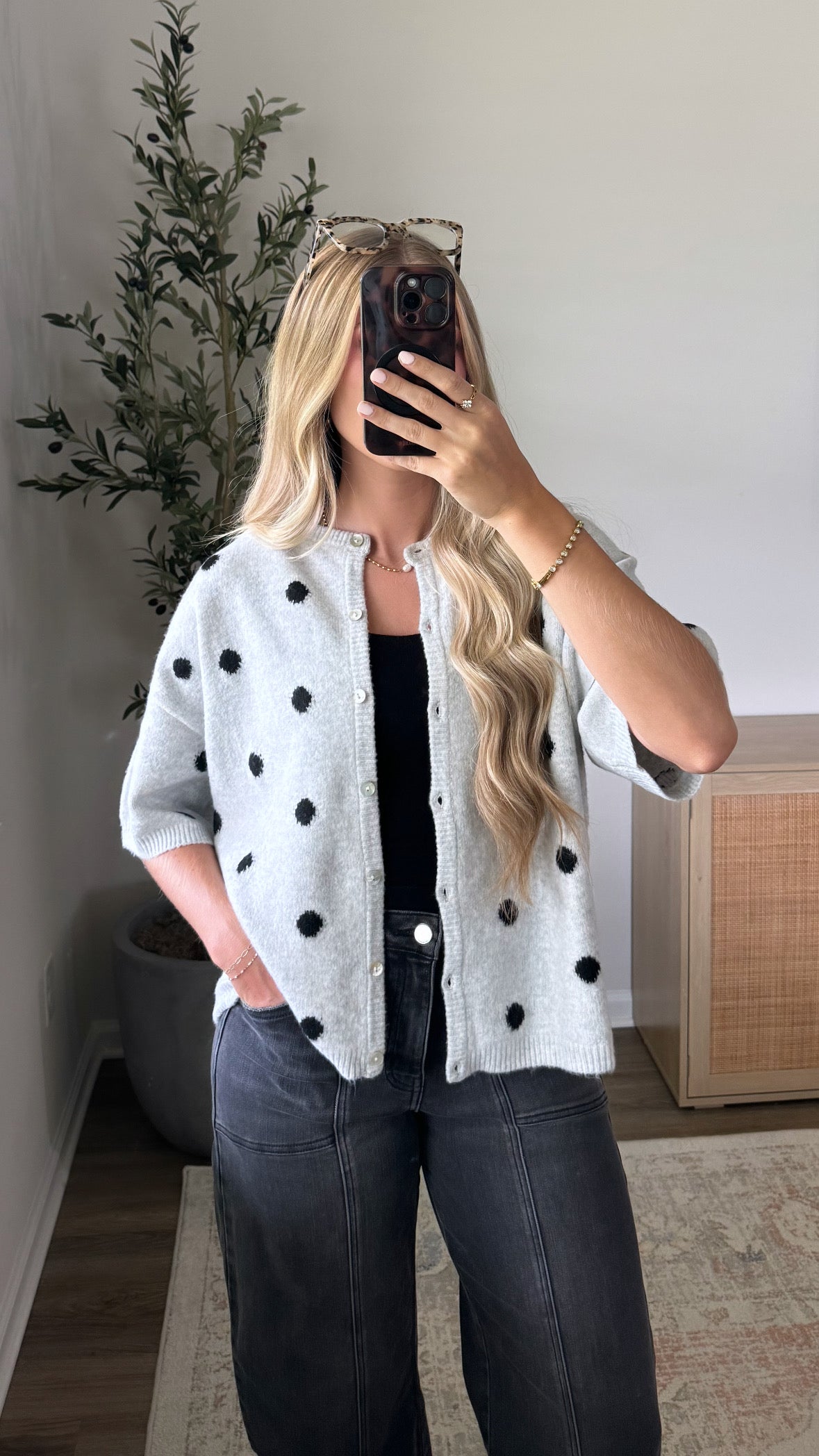 PREORDER (Estimated to ship 8/30) - Polka Dot Short Sleeve Cardigan / Grey