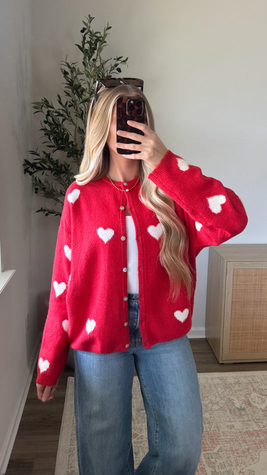 Button Down Heart Cardigan / Red
