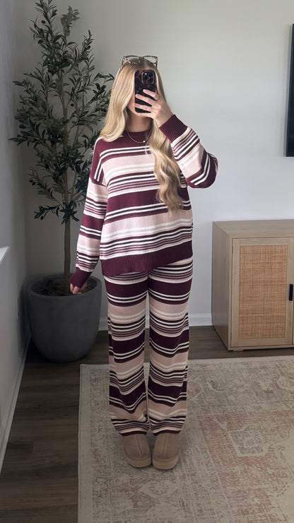 Raspberry Knit Striped Set / Burgundy + Pink