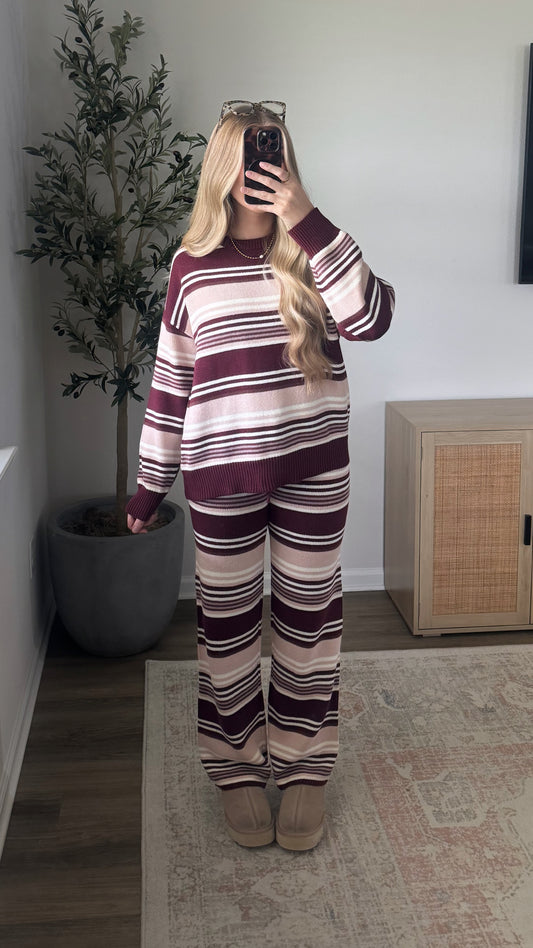Raspberry Knit Striped Set / Burgundy + Pink