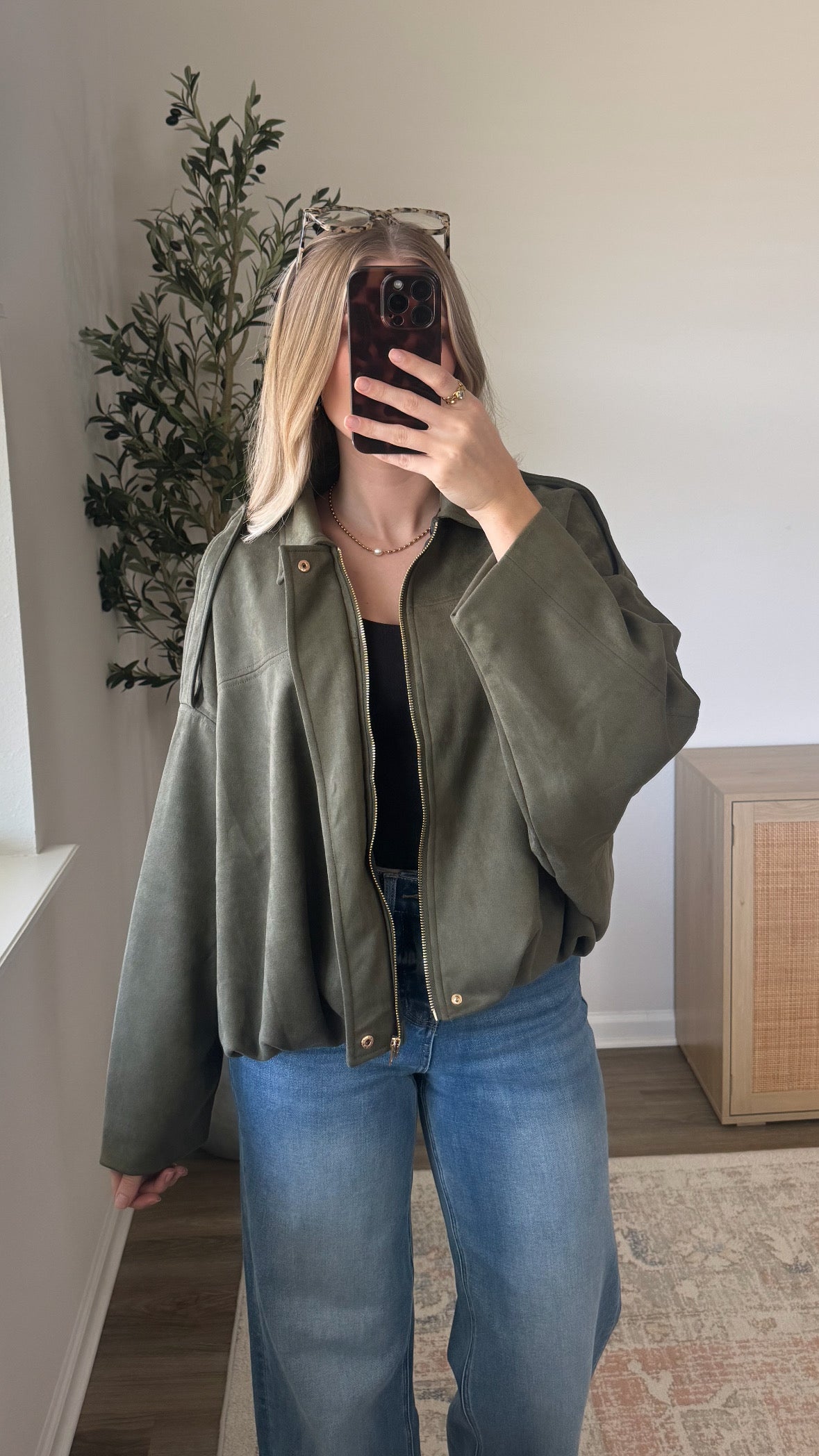 Faux Suede Bomber Jacket / Olive