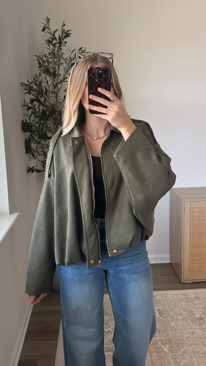 Faux Suede Bomber Jacket / Olive